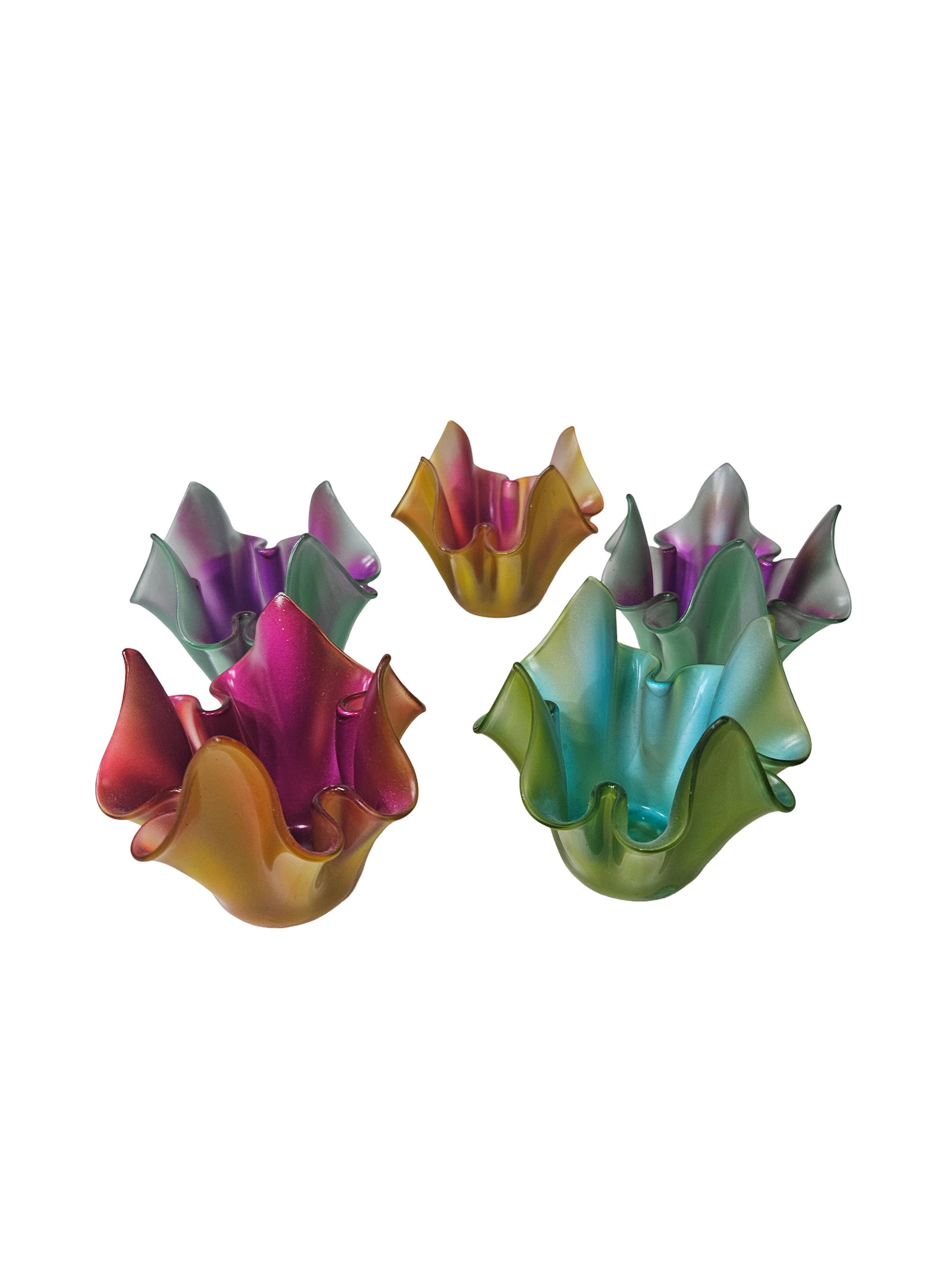 5 Hand-Formed Ruffled Art Glass Votives: A collection of five sculptural art glass votive or tea light holders featuring a hand-formed ruffled handkerchief design. Each piece displays a vibrant gradient of colors with a subtle metallic or