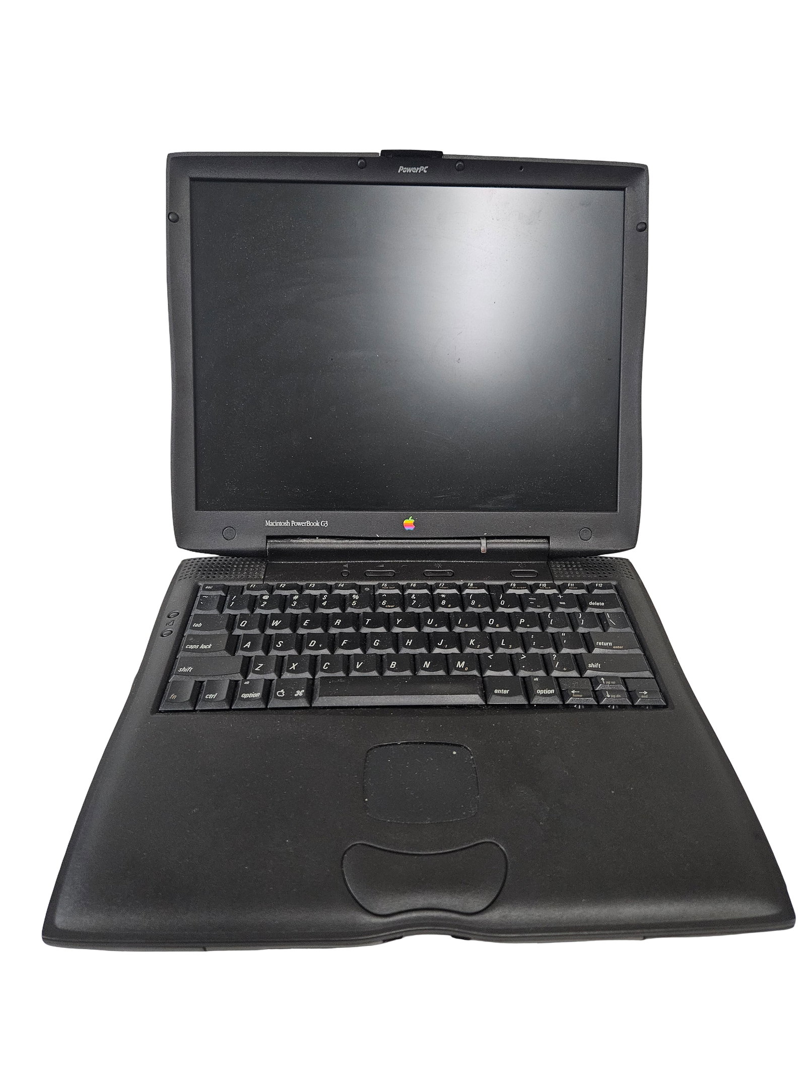 Apple PowerBook G3 'Wallstreet' (Parts): This is a vintage Apple Macintosh PowerBook G3 Series laptop, the 1998 model known to collectors as 'Wallstreet,' distinguished by its black curvilinear chassis and solid white Apple logo. Specs