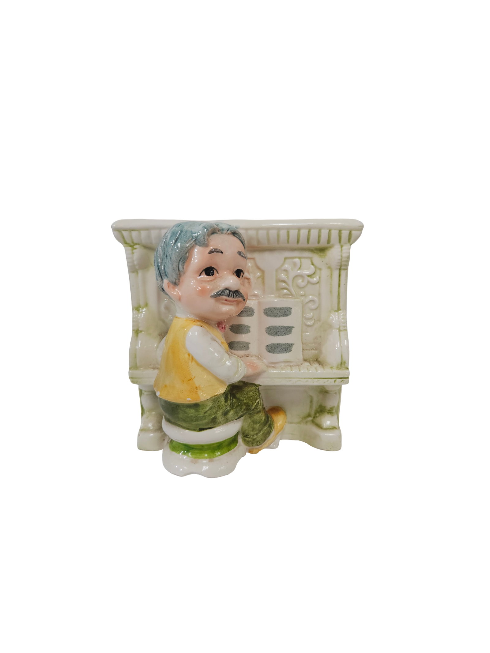 Vintage Ceramic Piano Player Planter: This vintage ceramic planter features a charming hand-painted figure of a man with a mustache playing an upright piano. The piece is finished in a high-gloss glaze with green, yellow, and blue accents