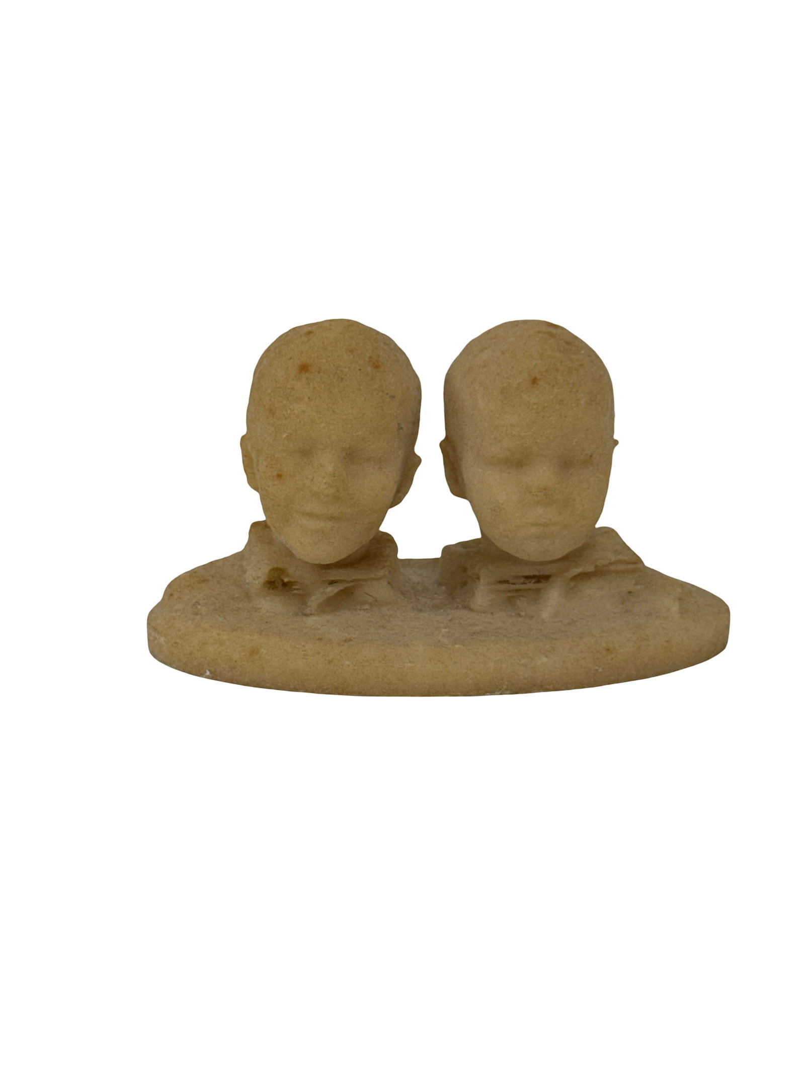 Vintage Composite Double Bust of Boys: An unusual vintage double-headed bust featuring the likenesses of two young boys joined on a single oval plinth. The piece appears to be made from a composite resin or plaster material with a textured