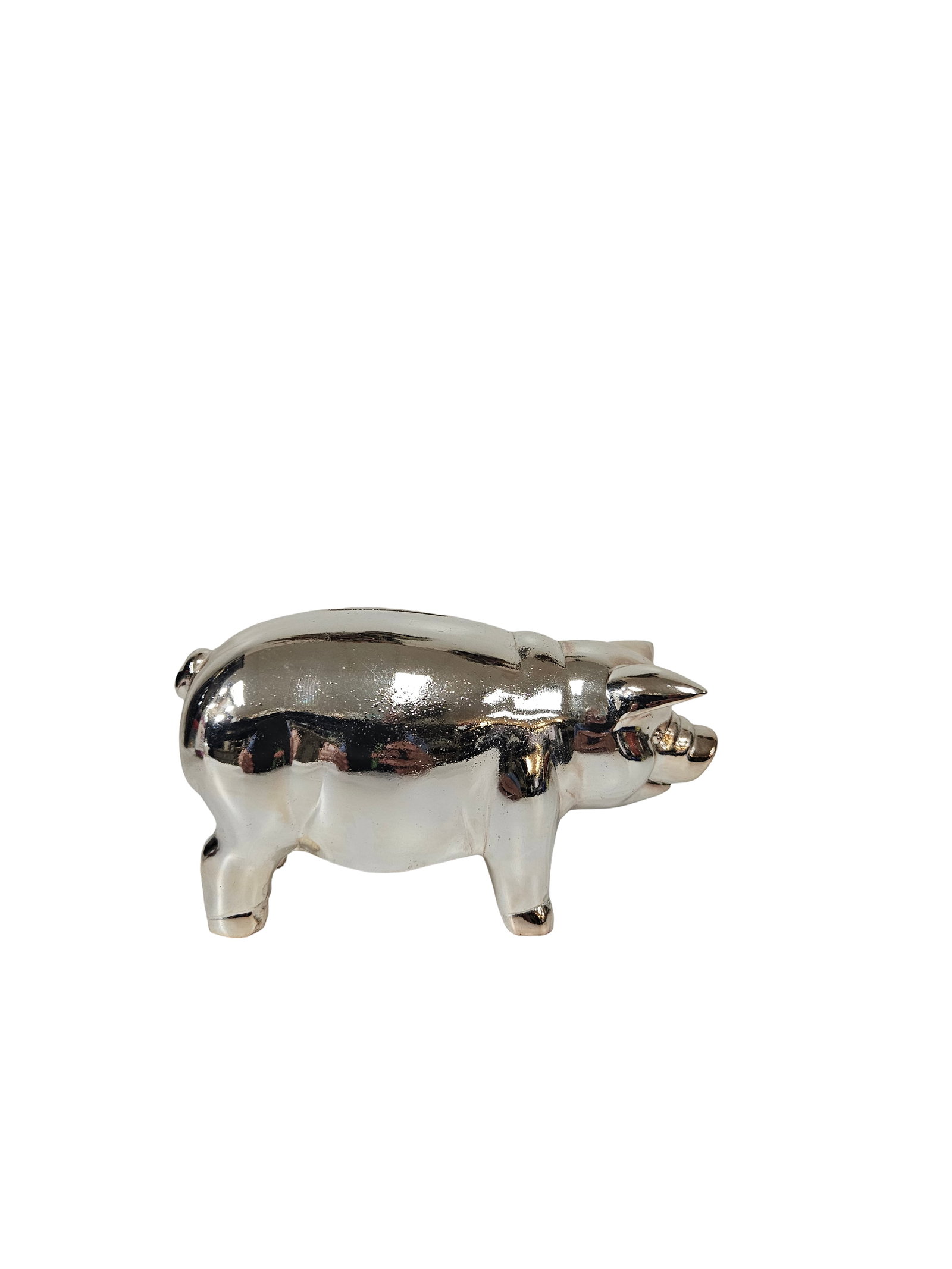 Vintage Silver-Tone Ceramic Piggy Bank: This vintage ceramic piggy bank features a reflective silver-tone metallic glaze. The figure displays a classic porcine form with a coin slot on the top and a small curly tail. Its polished finish giv