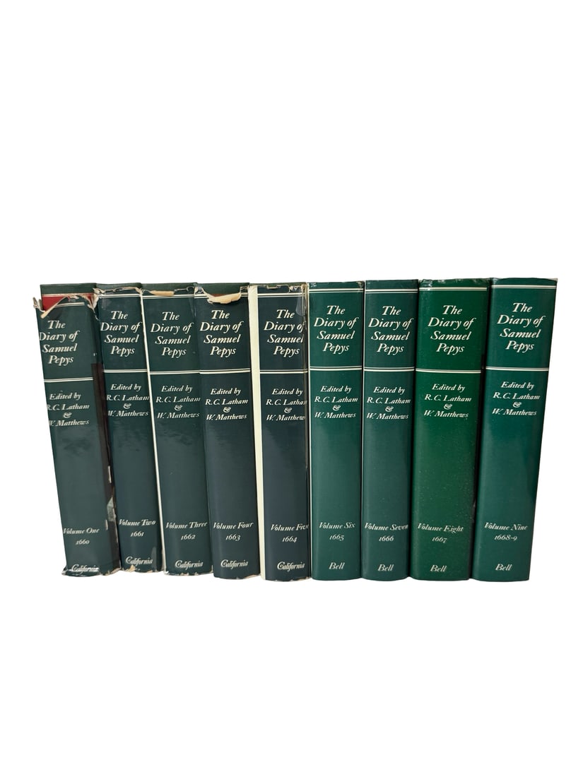 The Diary of Samuel Pepys 9-Vol Book Set: This lot features a nine-volume hardcover set of The Diary of Samuel Pepys, edited by Robert Latham and William Matthews. The collection includes volumes spanning from 1660 to 1669, published by both