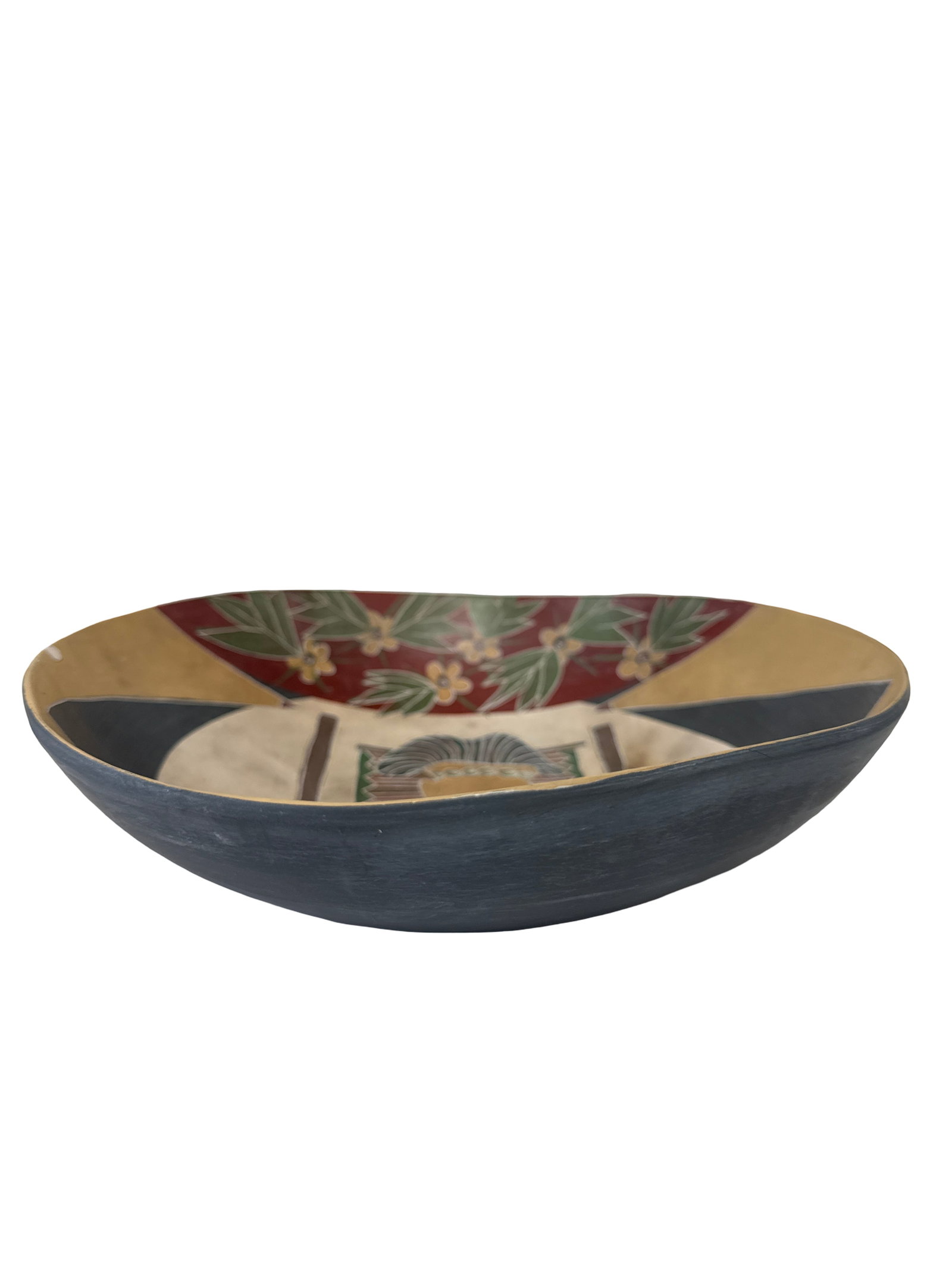 Melissa Greene 1994 Weaver Pottery Bowl: Large studio pottery bowl titled 'Weaver' by artist Melissa Greene, dated 1994. The interior features a stylized central figure surrounded by floral and geometric patterns in an earthy palette. Expert