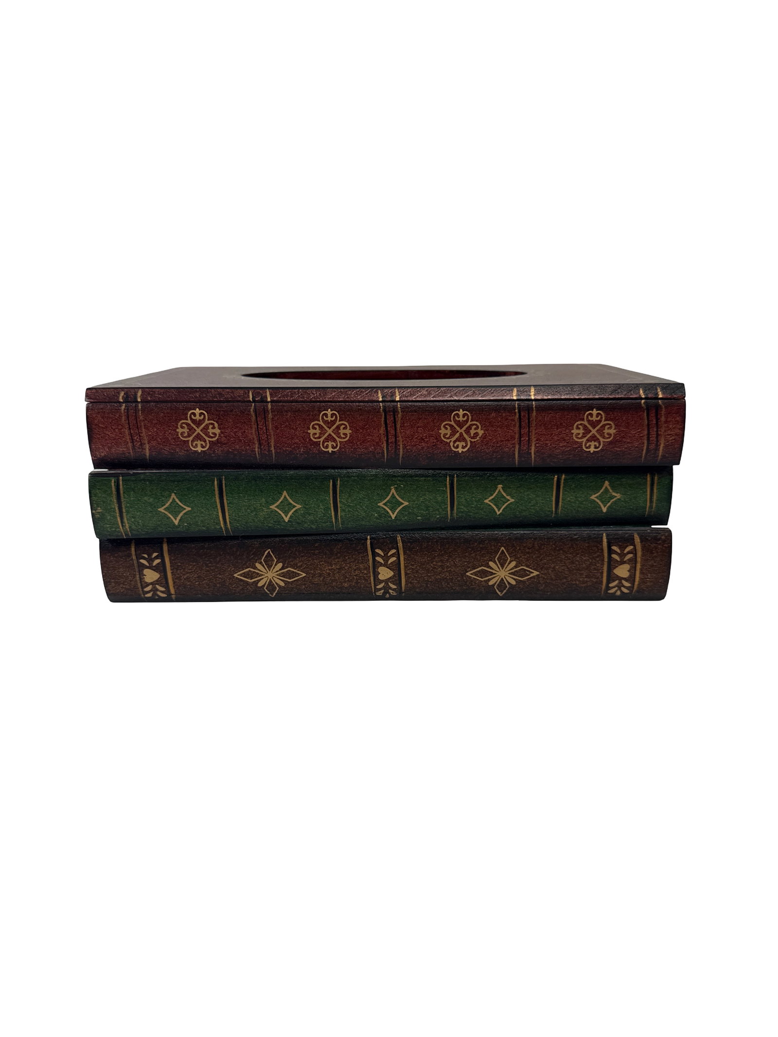 Stacked Antique Style Faux Book Box: This decorative wooden tissue box holder is designed to resemble a stack of three antique leather-bound books. Each 'volume' features gilded geometric motifs on the spine and a rich color palette of