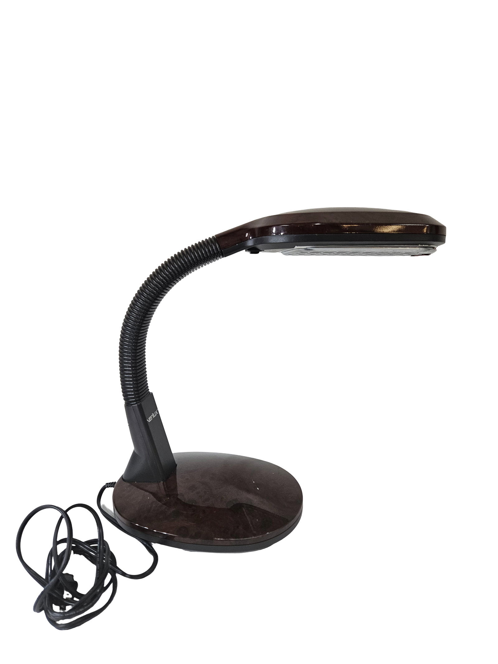 Verilux Gooseneck Desk Task Lamp: This Verilux desk lamp features a flexible gooseneck design and a dark wood-grain finish on the base and shade. The light includes a gridded diffuser and a standard power cord for office or bedside
