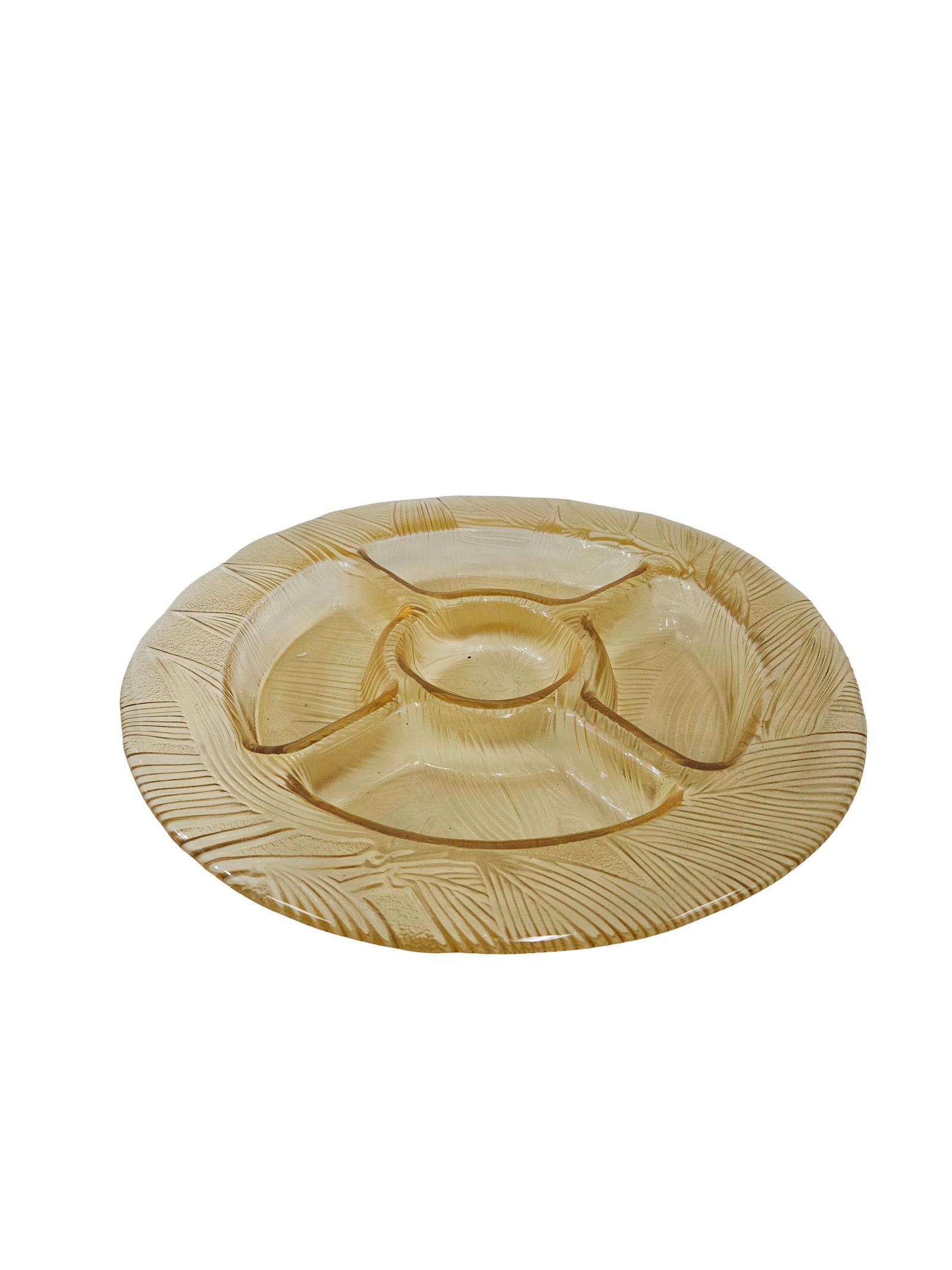 Vintage Amber Glass Sectional Tray: This vintage amber-colored pressed glass tray features a five-compartment sectional design perfect for serving hors d'oeuvres or dipping sauces. The piece is decorated with a textured bamboo-style