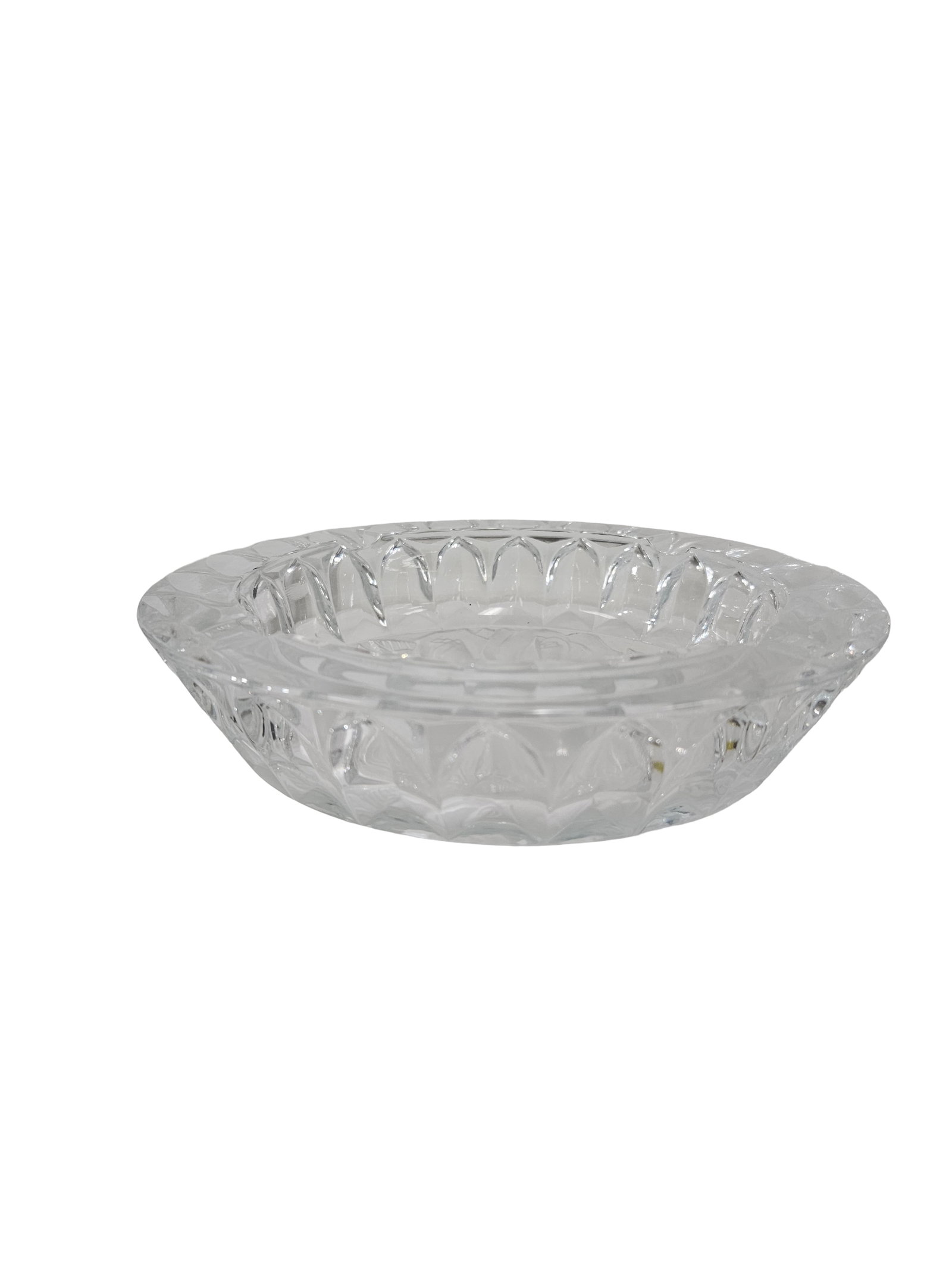 Vintage Frosted Rose Cut Crystal Bowl: This crystal bowl features a faceted sawtooth rim and a frosted botanical rose relief design on the interior base. The heavy clear glass construction showcases deep cut accents that reflect light beau
