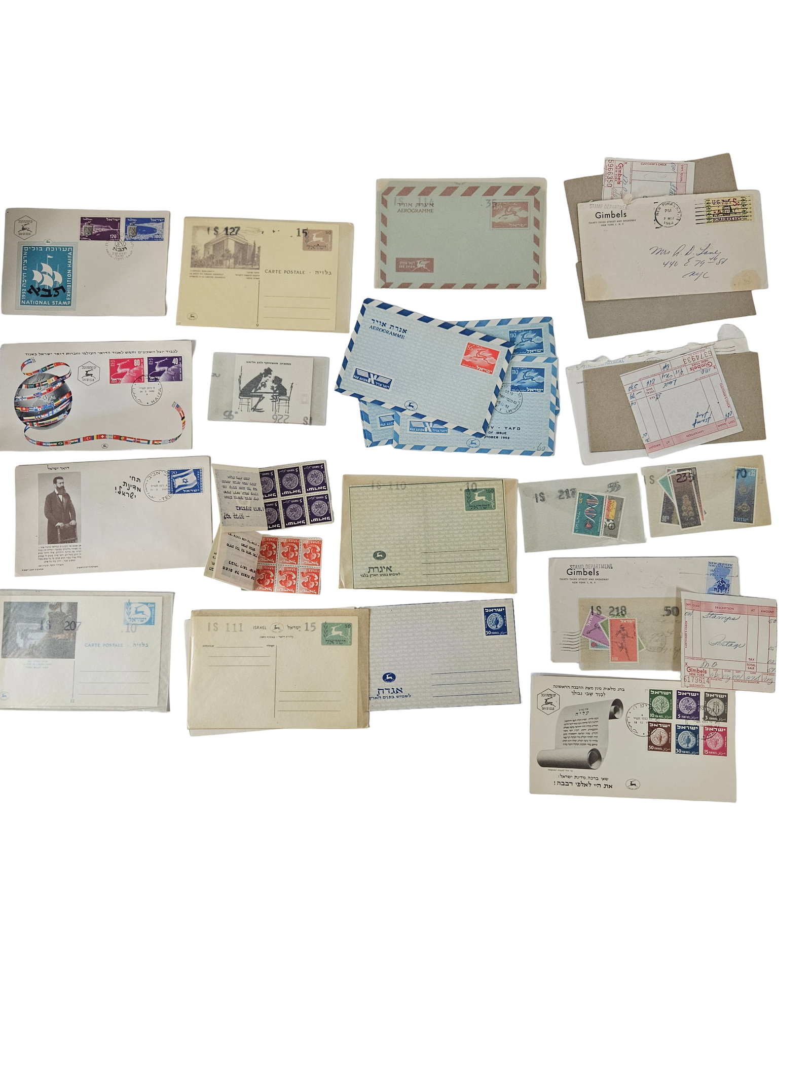 Vintage Israel First Day Covers & Stamps: A collection of vintage Israeli philatelic items including first day covers, aerogrammes, and postcards dating from the mid-20th century. The lot features several envelopes from the Gimbels Stamp Depa