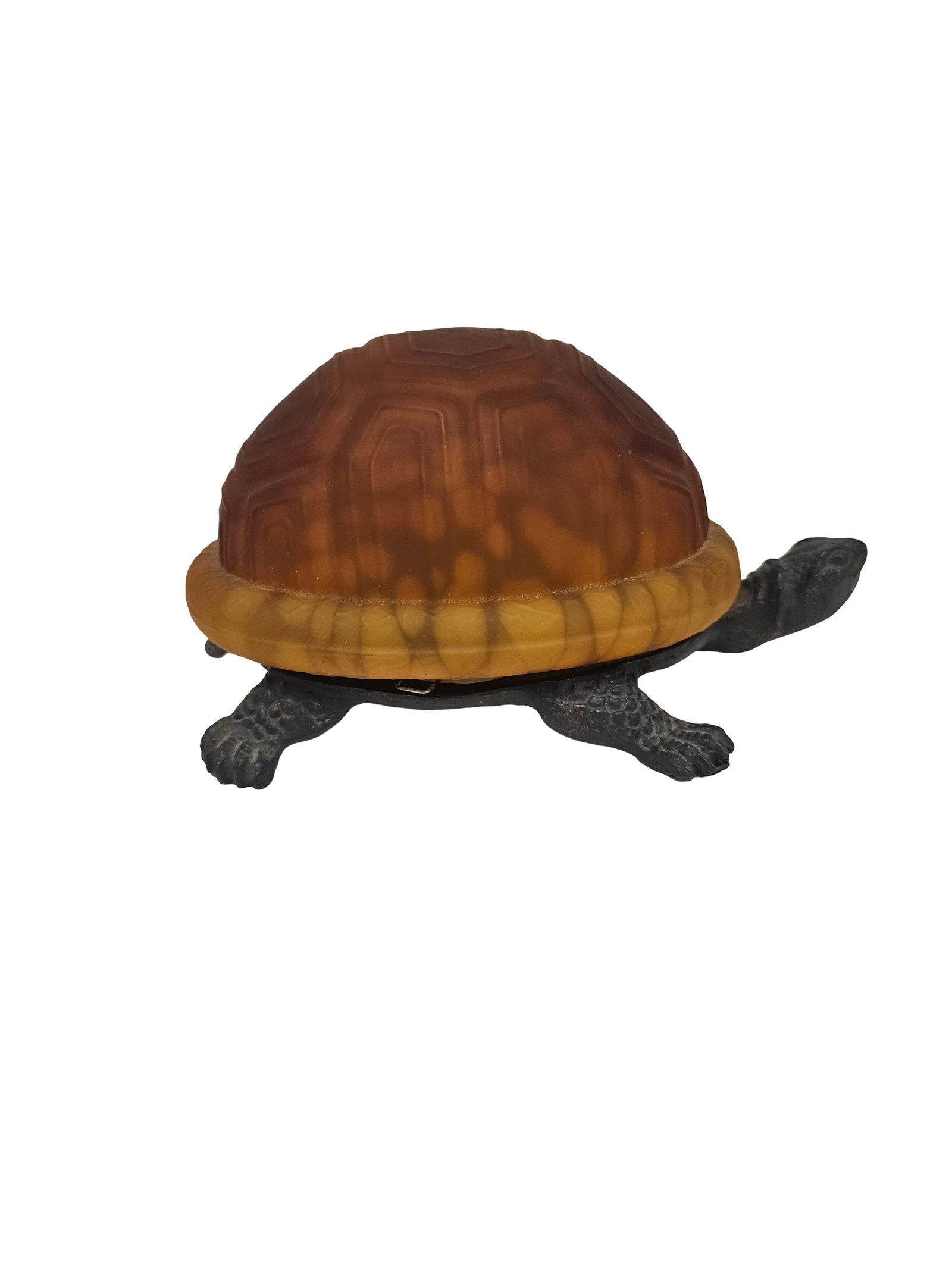 Vintage Glass Turtle Style Accent Lamp: This charming accent lamp features a molded amber-toned frosted glass tortoise shell shade. The shade rests upon a detailed cast metal base shaped like a turtle, complete with textured limbs and a hea