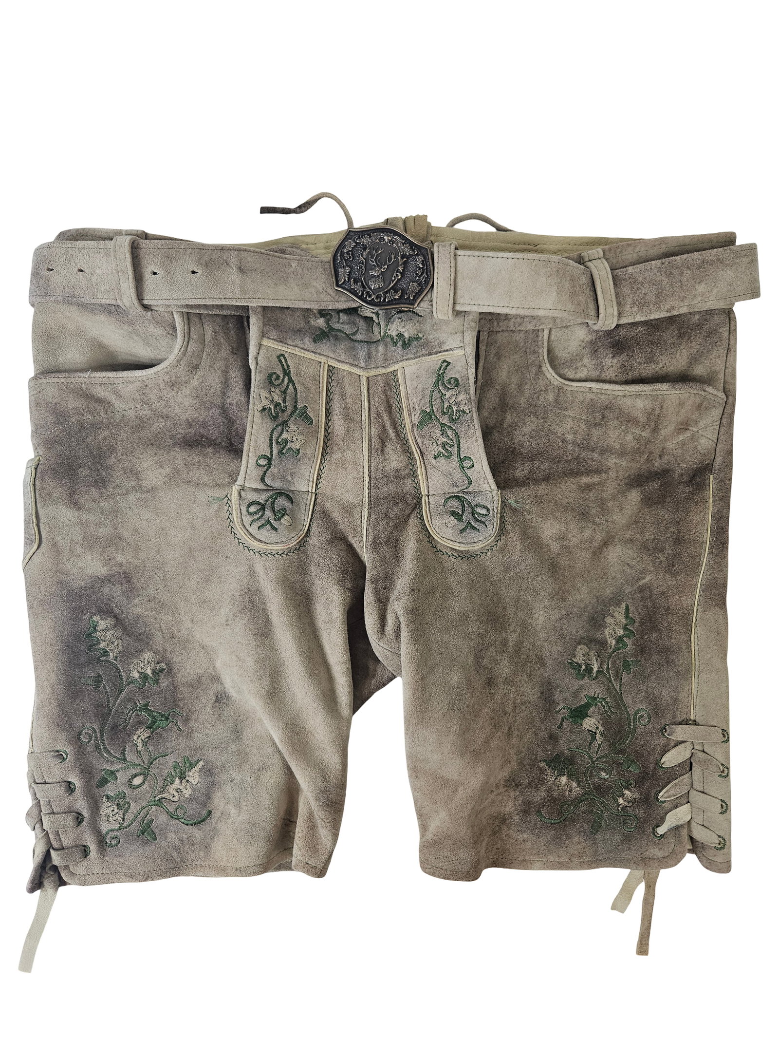 Embroidered Goat Leather Lederhosen: A pair of traditional Bavarian-style lederhosen crafted from goat leather featuring intricate green floral and stag embroidery. These shorts include a matching leather belt with an ornamental stag