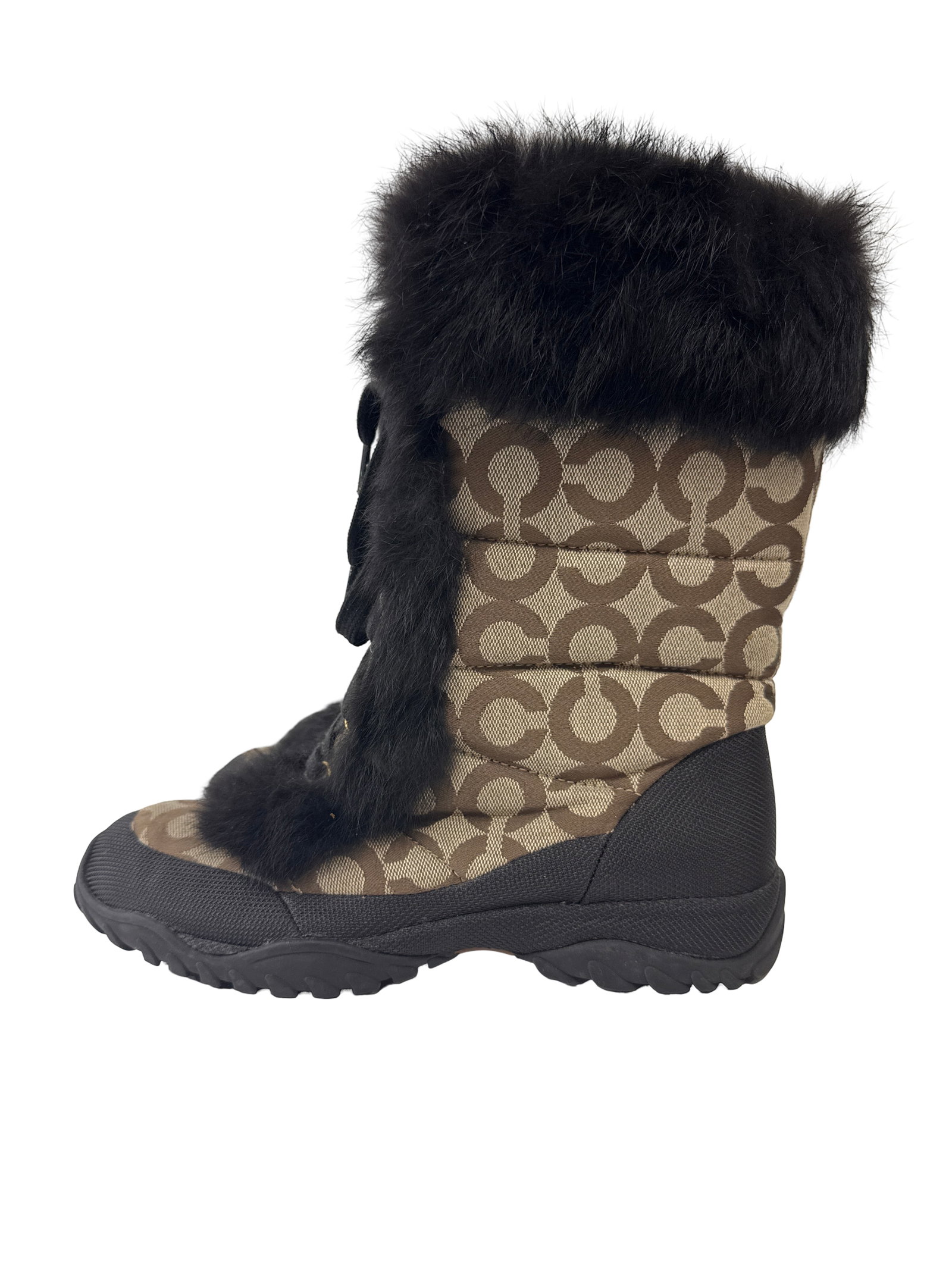 Coach Size 10 sMonogram Trim Boots: This pair of winter boots features a classic tan and brown signature monogram canvas upper accented by plush black faux fur trim. The design includes a sturdy lace-up front with metal eyelets and a te