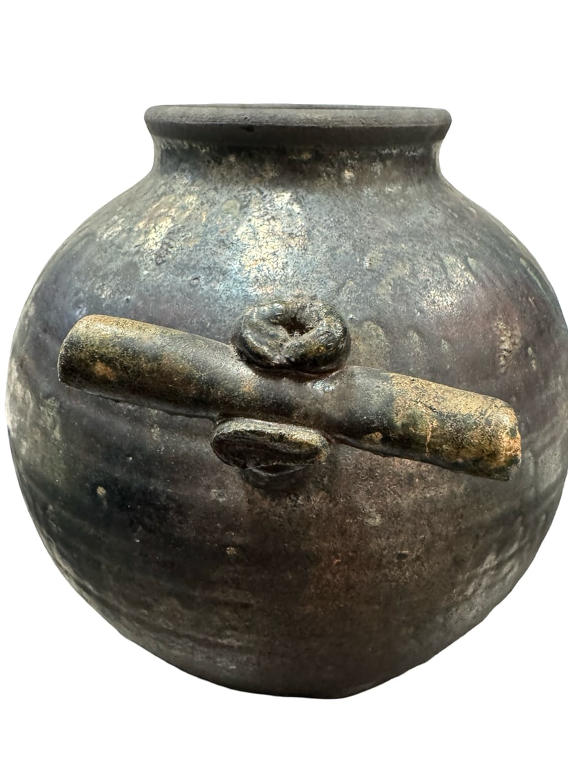 Rustic Iridescent Ceramic Scroll Jar - 5