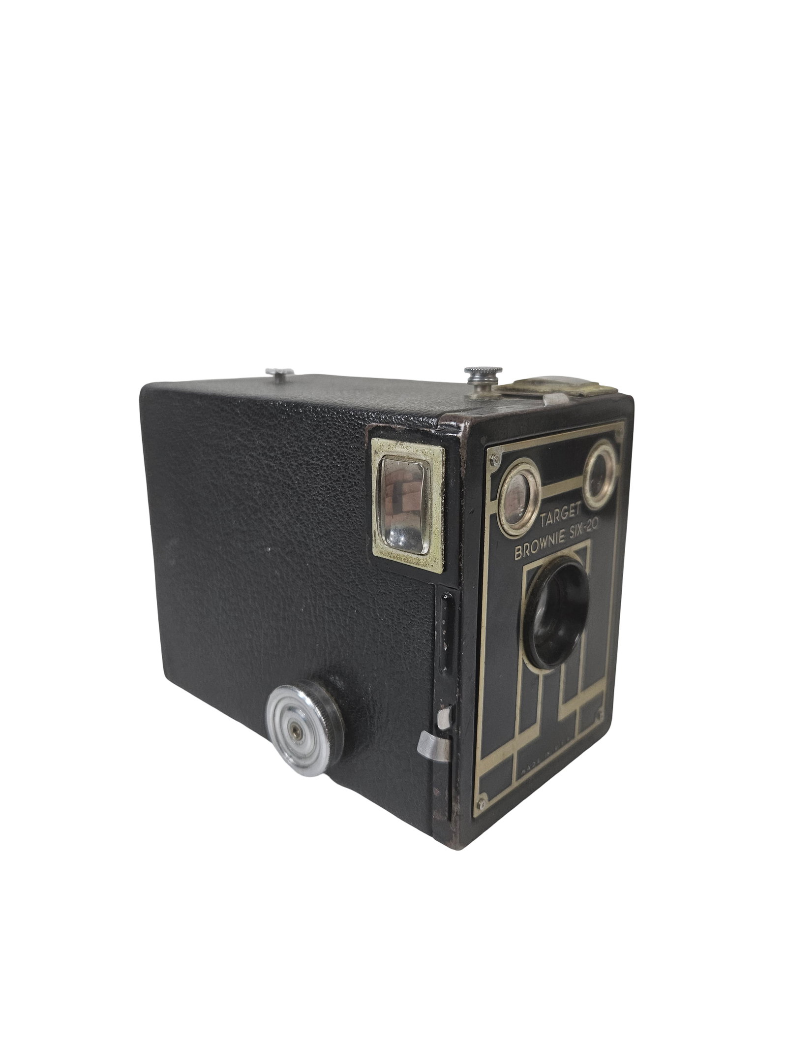 Vintage Target Brownie Six-20 Camera: This vintage Target Brownie Six-20 box camera features the iconic Art Deco geometric faceplate design common to early 20th-century Kodak models. Made in the USA, the camera is constructed with a metal