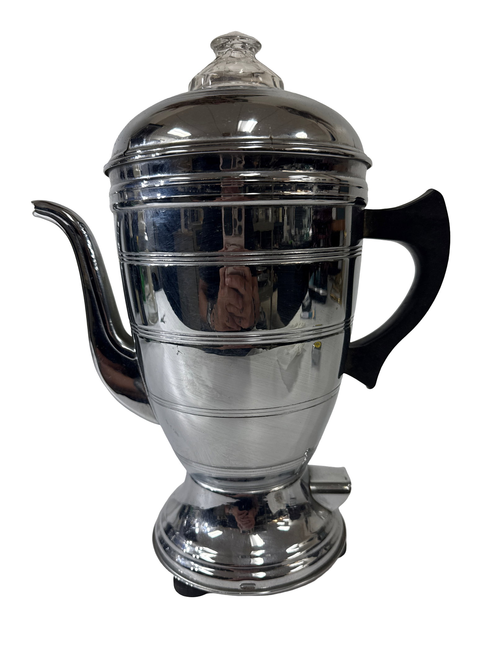 Vintage Art Deco Chrome Percolator: This Art Deco style electric coffee percolator features a sleek chrome-plated body with elegant horizontal banding. The unit includes a black heat-resistant handle and a glass lid knob for viewing the