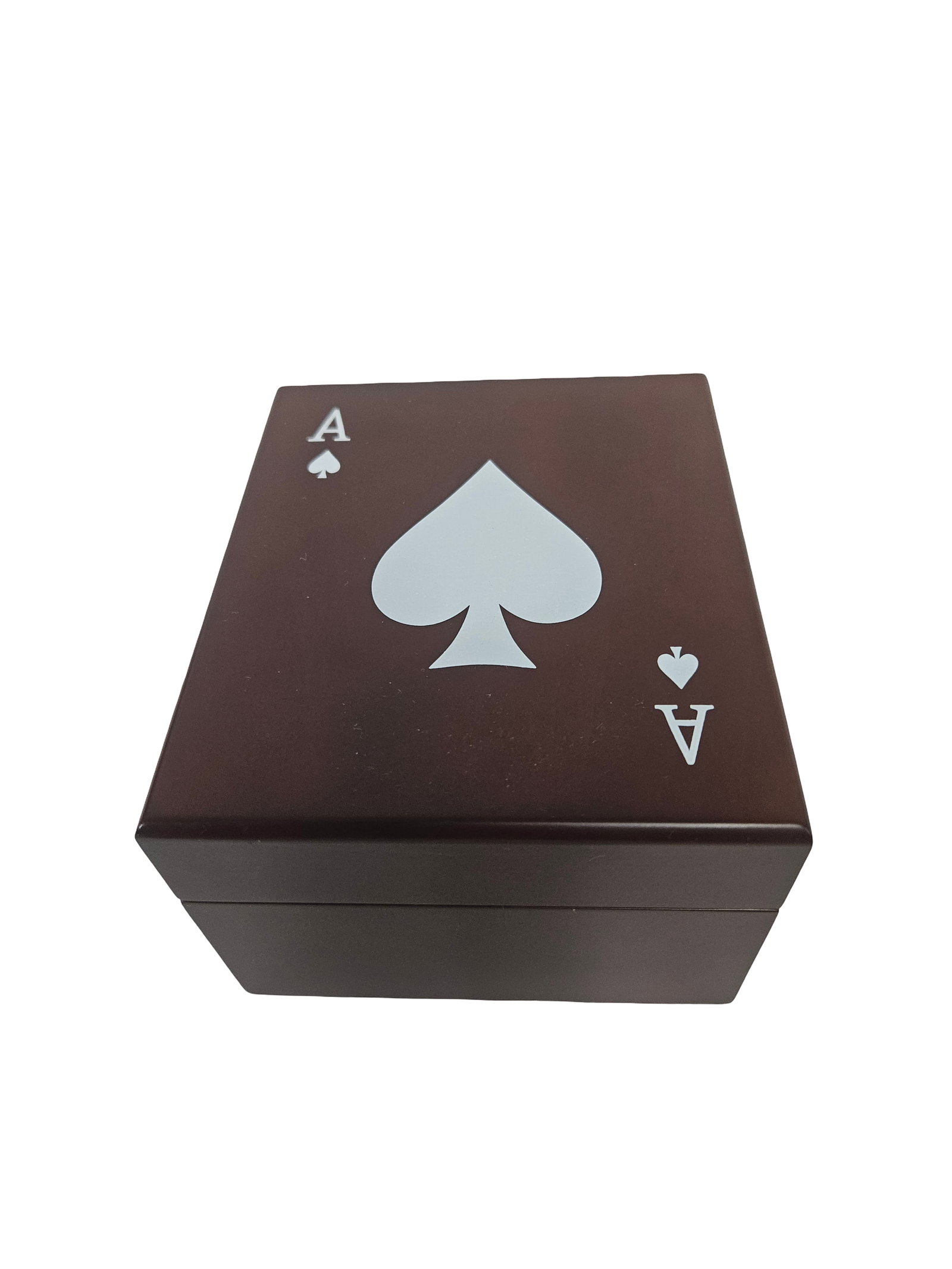 Poker Gift Set with Cards and Coasters: This decorative poker-themed set features a dark wood box adorned with an Ace of Spades motif on the lid. Inside, the set includes a deck of playing cards in original plastic wrapping and four thick g