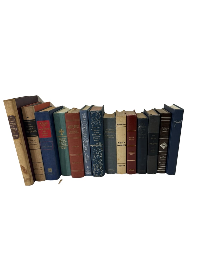 14 Vintage Hardcover Books Collection: This eclectic collection of 14 vintage hardcover books includes a diverse range of subjects such as literature, religious texts, and reference guides. Notable titles include The Divine Comedy of Dante