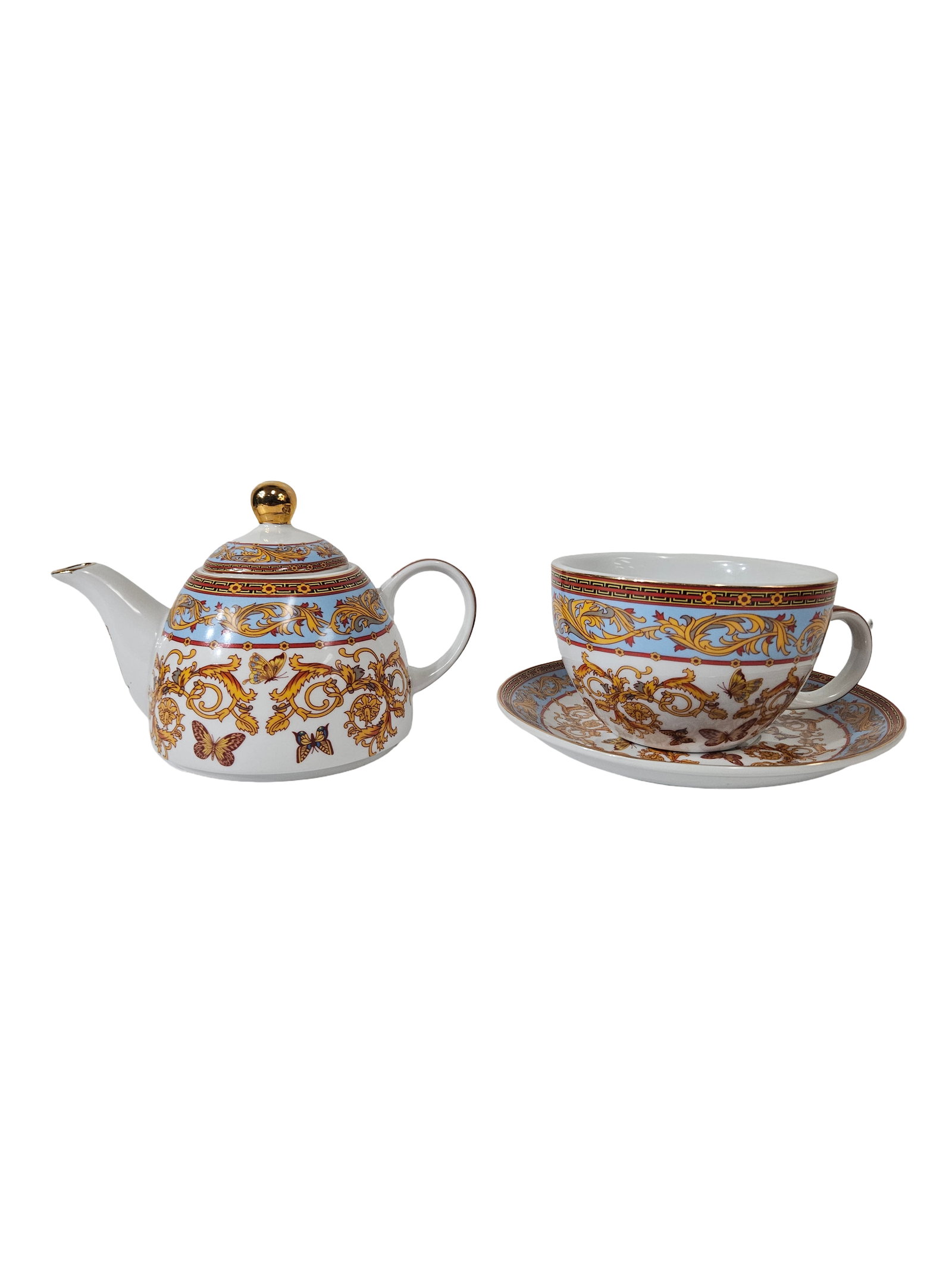 Baroque Style Butterfly Tea Set: This porcelain tea set features a small teapot alongside a matching oversized teacup and saucer. The set is decorated with a vibrant baroque-style pattern of gold scrolls, butterflies, and Greek key