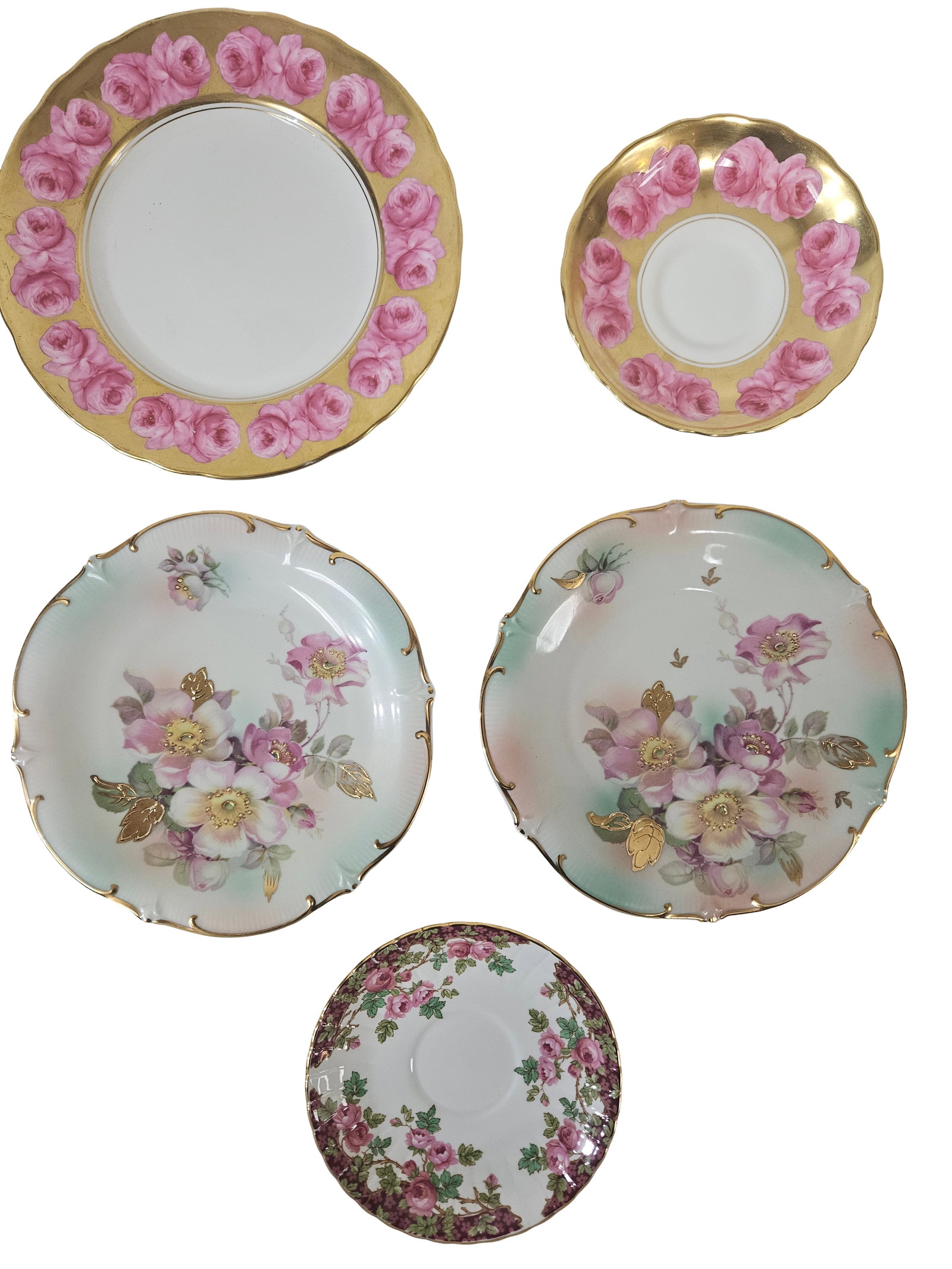 Schumann & Royal Stafford Floral Plates: A charming collection of five vintage fine bone china and porcelain cabinet plates and saucers featuring various floral motifs. The lot includes two Schumann Arzberg Germany plates with hand-painted