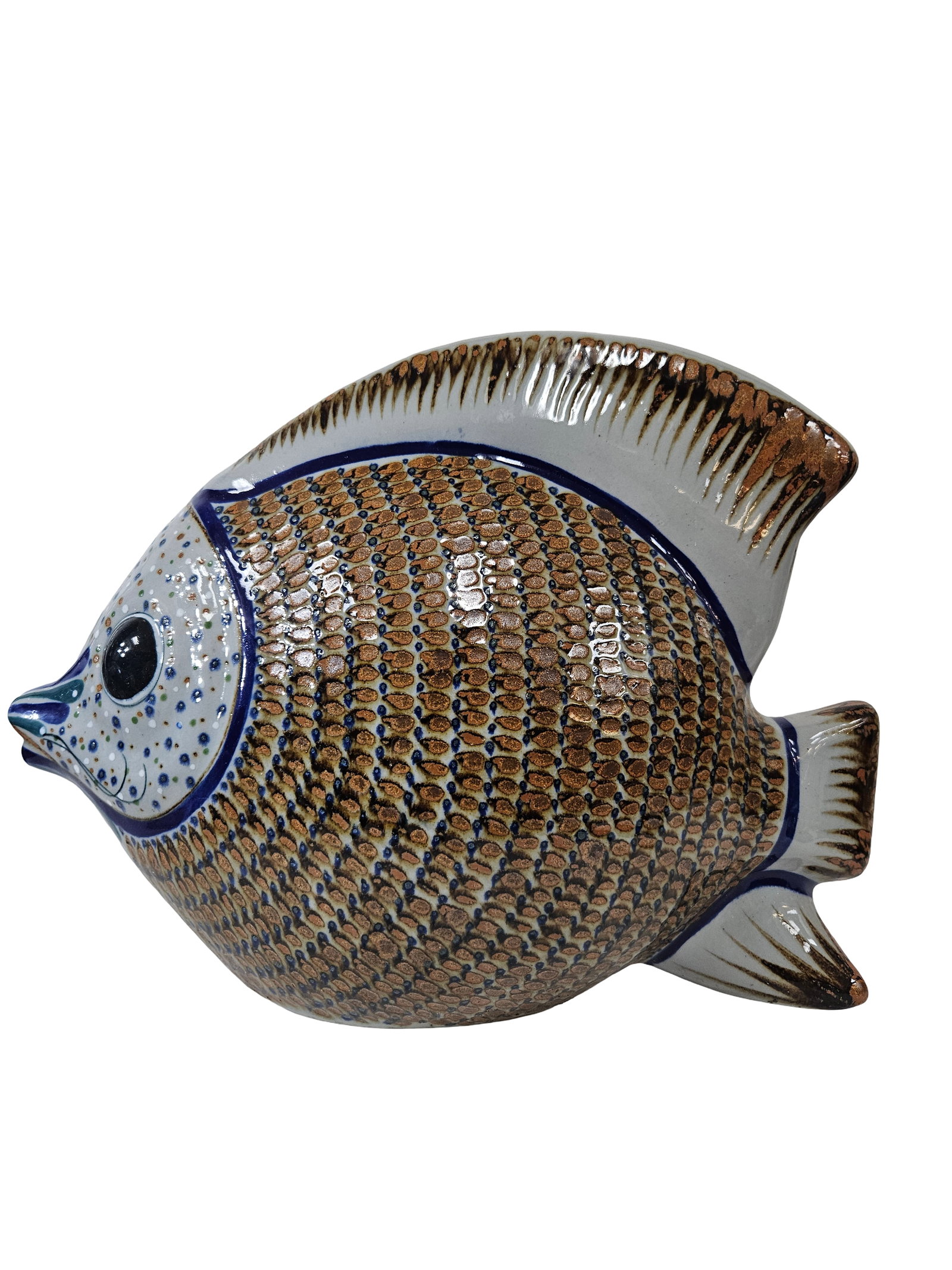 Large Tonala Style Ceramic Fish Figure: This large Tonala-style ceramic fish figurine features a hand-painted design with intricate scale patterns and floral-inspired motifs on the face. The piece is finished in a high-gloss glaze with char