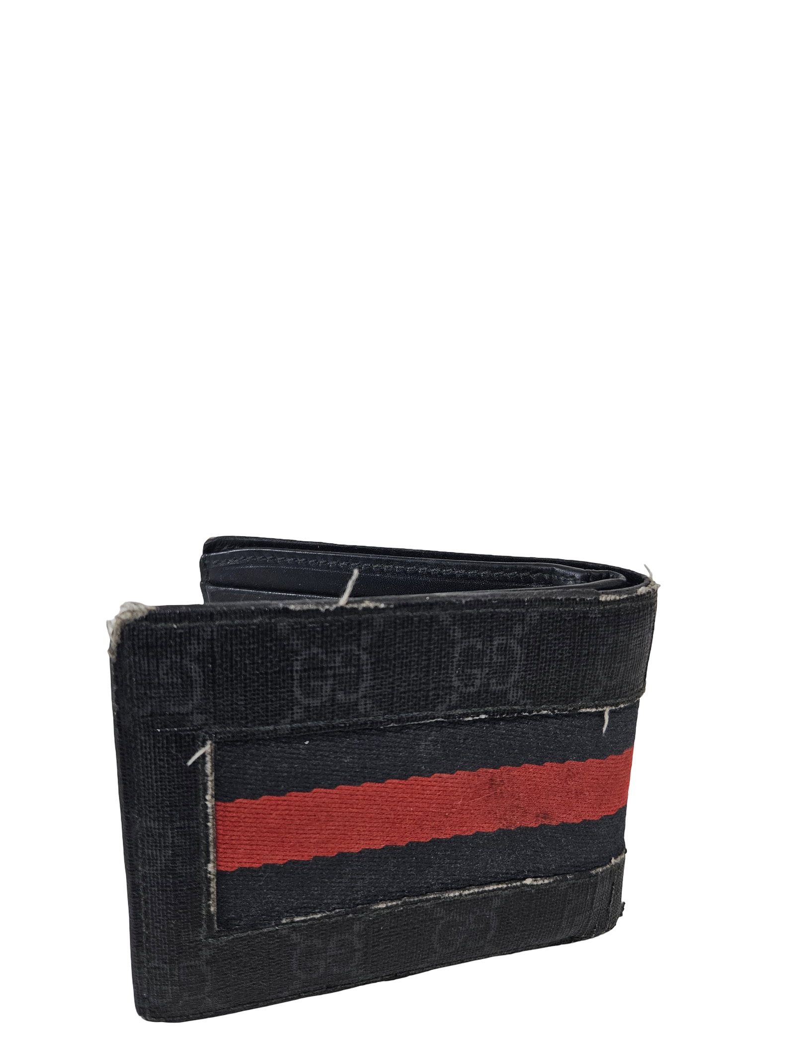 Gucci Style Monogram Web Stripe Wallet: This canvas bi-fold wallet features a monogram pattern with a central red and blue web stripe design. The interior is lined with black leather and includes multiple card slots and a bill compartment. 