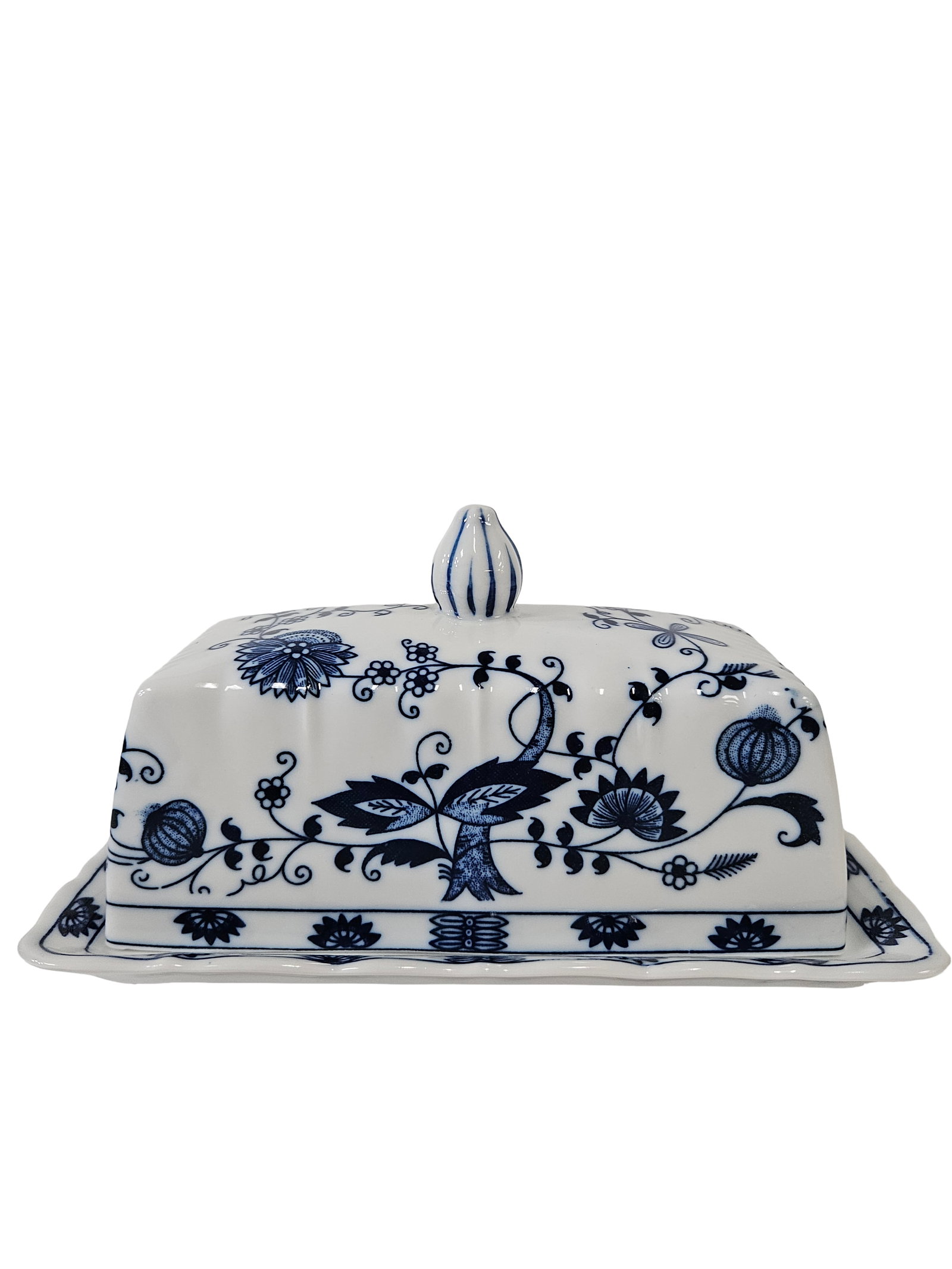 Blue Onion Style Ceramic Butter Dish: A charming ceramic butter dish featuring a classic blue onion transferware pattern on a white ground. The two-piece set includes a rectangular base with a matching domed lid topped with a decorative