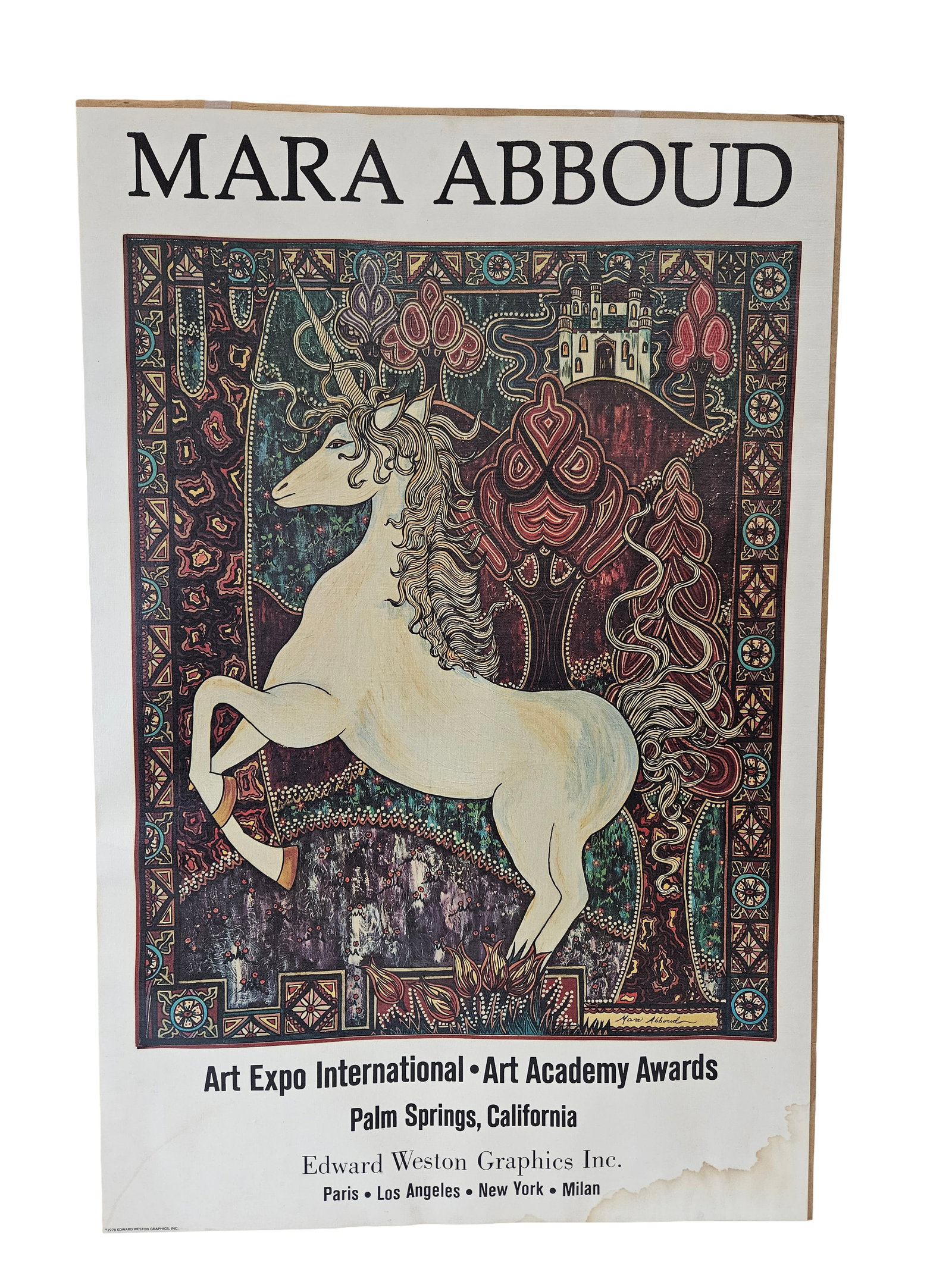 Vintage Mara Abboud Art Expo Unicorn Poster: This vintage exhibition poster features a stylized unicorn by artist Mara Abboud, printed for Art Expo International in Palm Springs. The artwork showcases Abboud's signature intricate patterns and