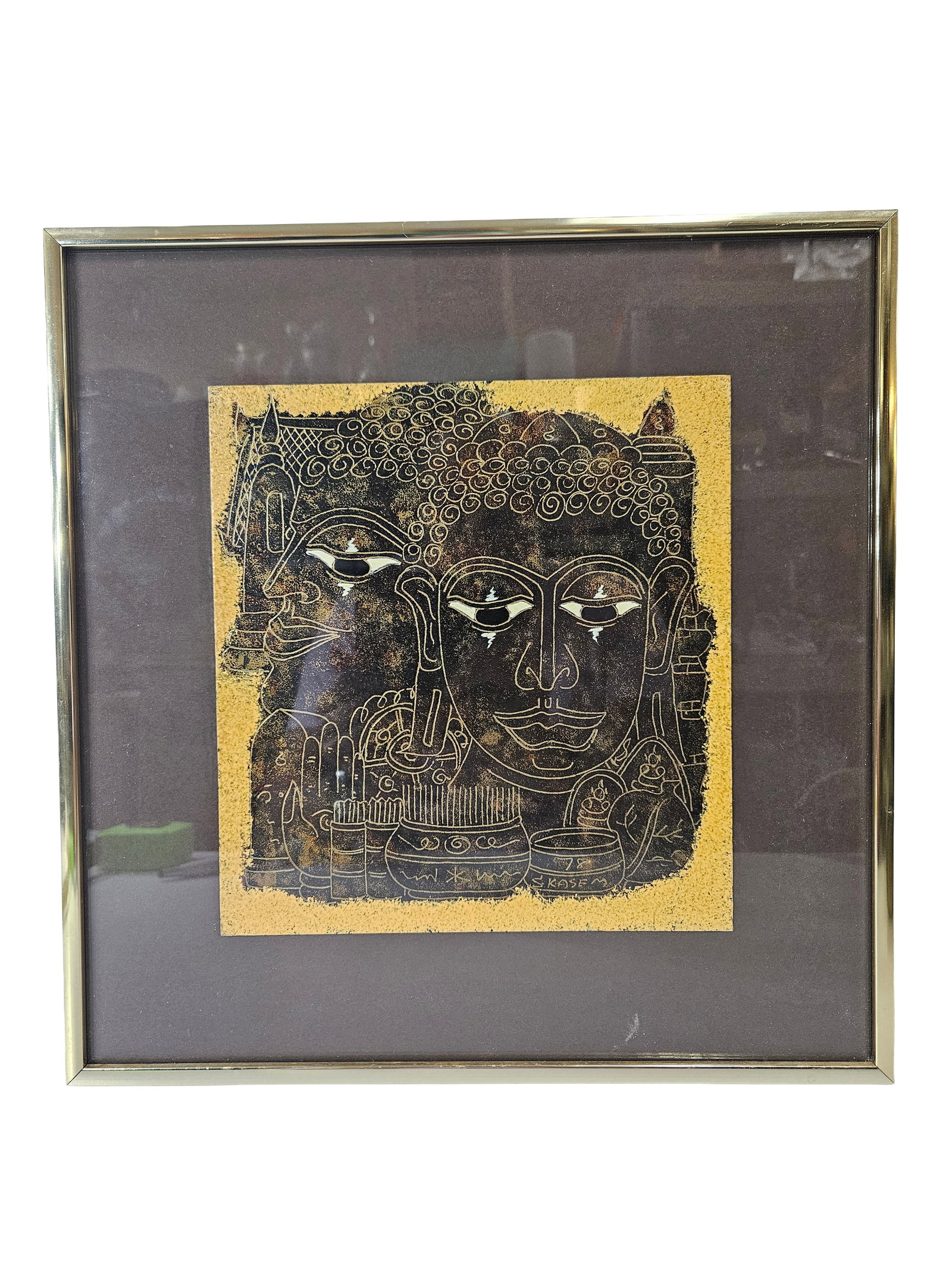 Thai Buddha Gold Leaf & Oil Art on Glass: This framed mixed media artwork features a central Buddha figure and various symbolic elements rendered in gold leaf and oil on glass. The reverse includes a hand-written key explaining the iconograph