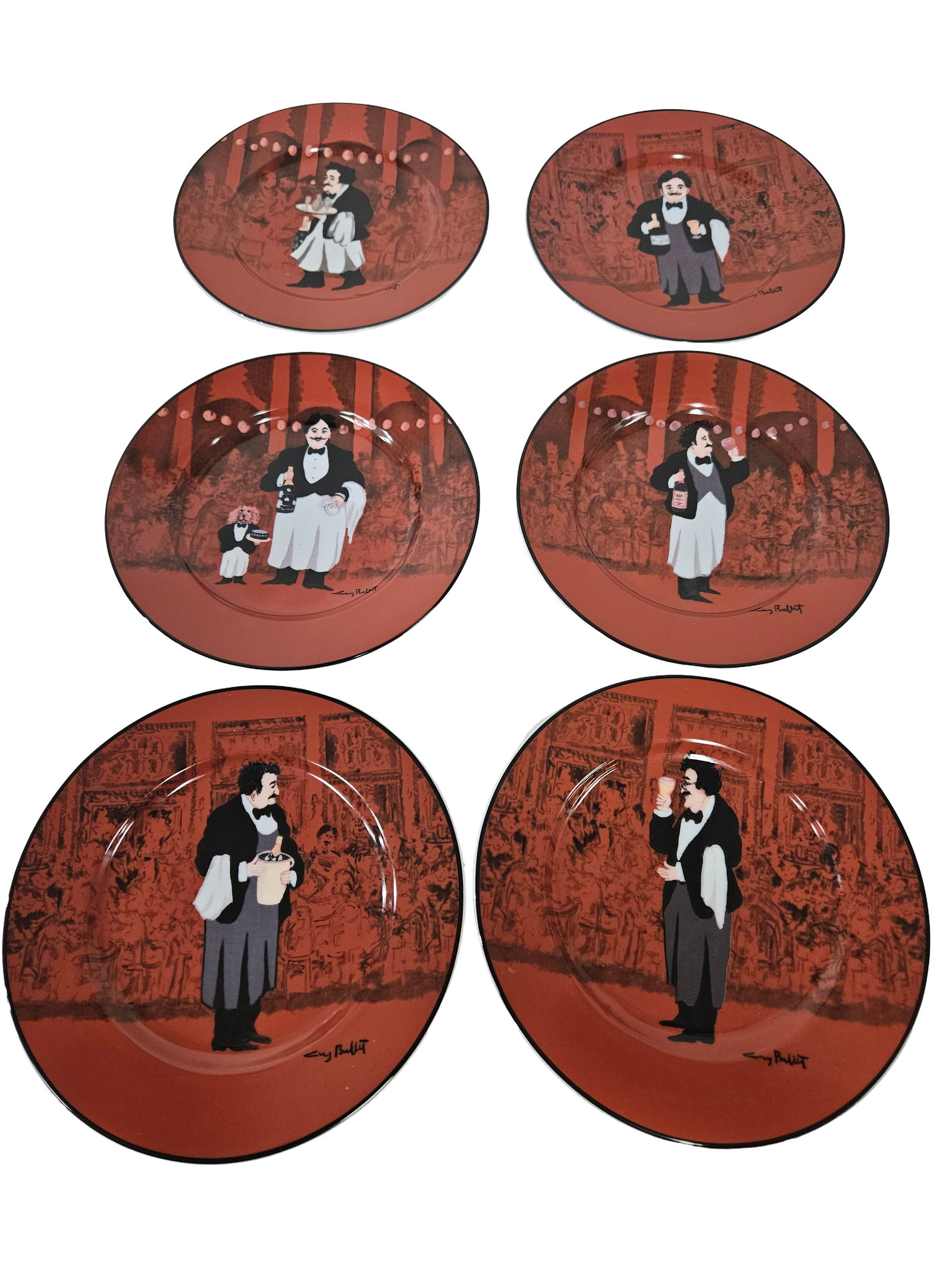 6 Guy Buffet for Williams-Sonoma Plates: A set of six ceramic salad or dessert plates featuring whimsical waiter illustrations by Guy Buffet for Williams-Sonoma. Each plate depicts a unique tuxedoed character in a lively restaurant setting a