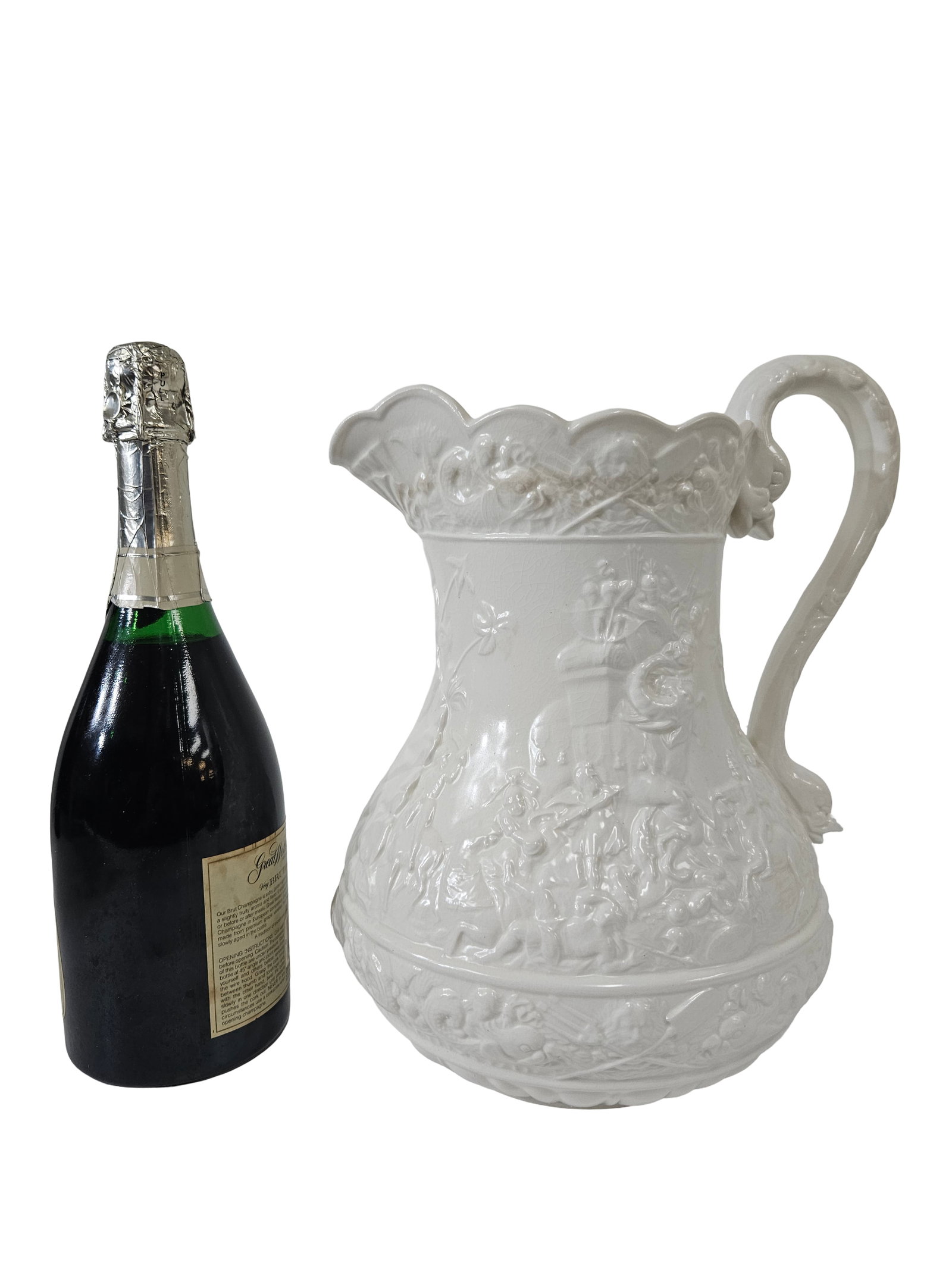 Large White Relief Scene Ceramic Pitcher - 2