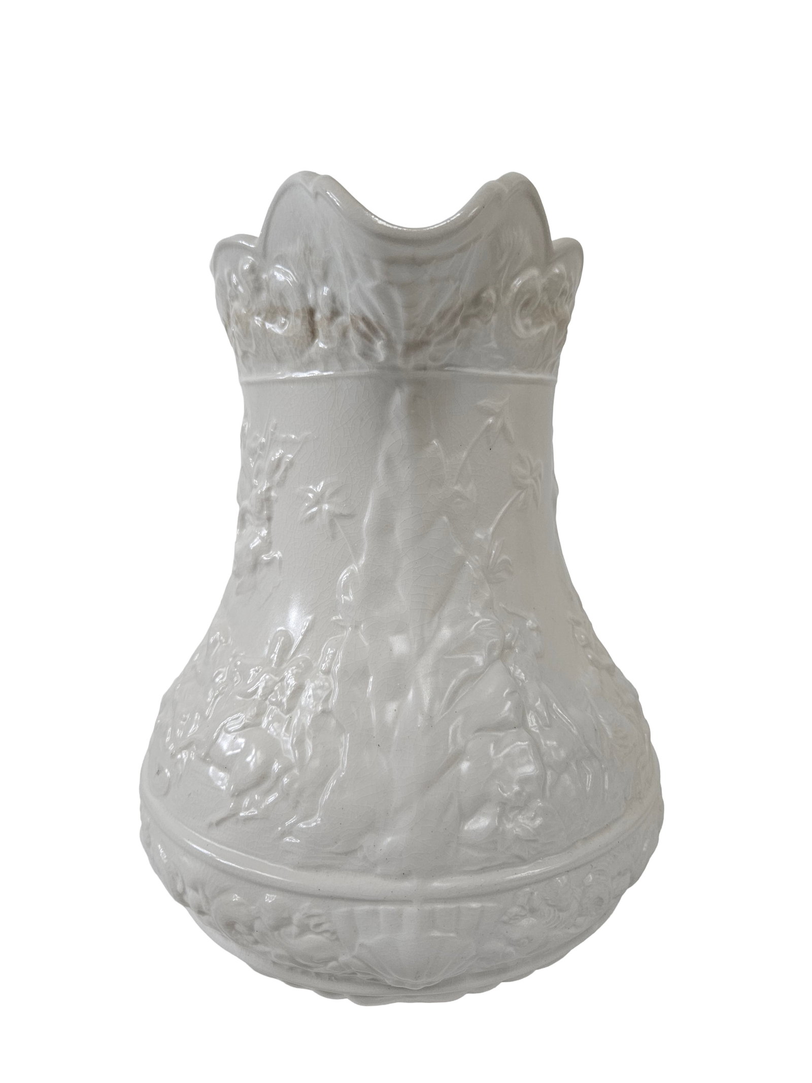Large White Relief Scene Ceramic Pitcher - 3