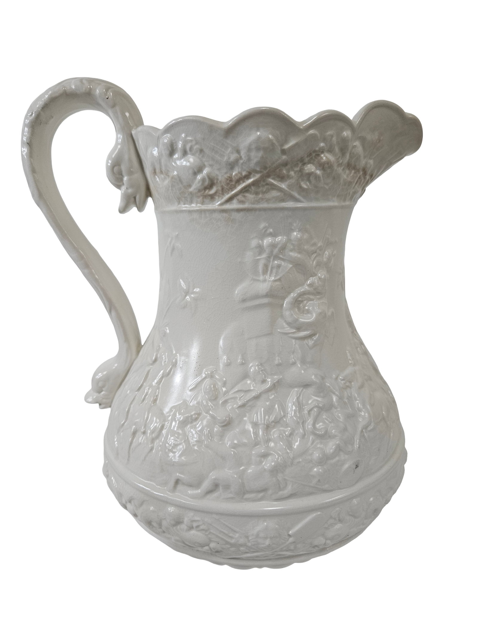 Large White Relief Scene Ceramic Pitcher - 4