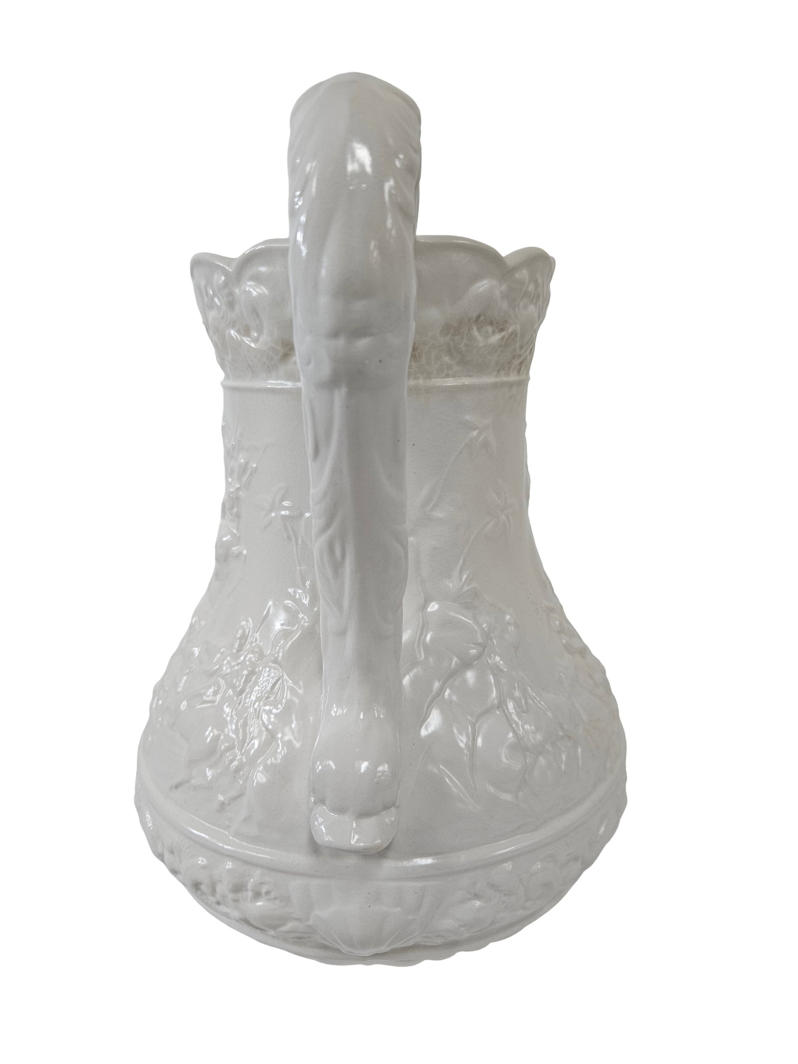 Large White Relief Scene Ceramic Pitcher - 5