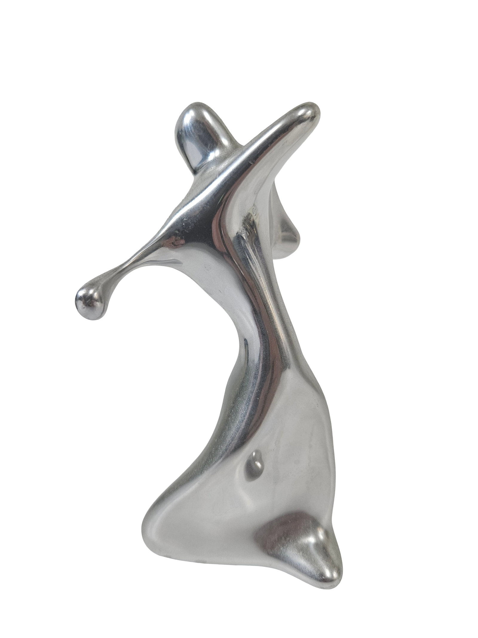 Mid-Century Modern Abstract Sculpture: This sleek signed mid-century modern abstract sculpture features an organic, fluid form with a polished chrome-like finish. The cast metal piece depicts a stylized figure in motion, reflecting light w