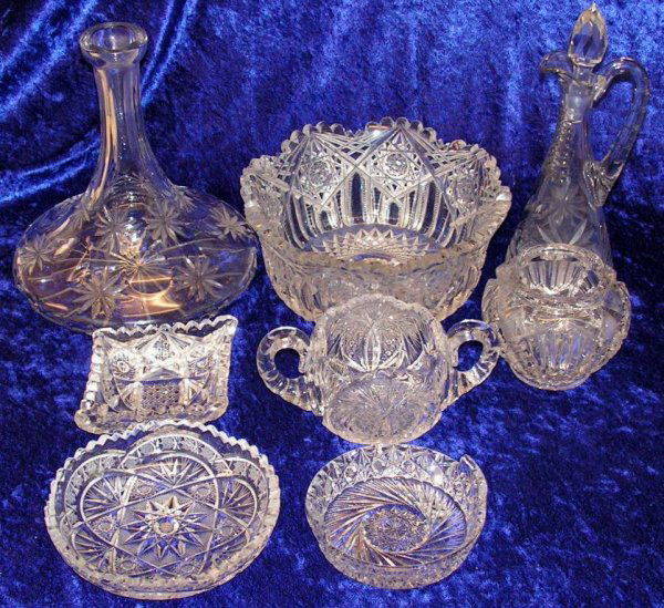 Gorgeous Cut Crystal Decanter Candy Dish Set 8: Eight Piece Cut Crystal Decanter/Candy Dish Set. One Decanter with Stopper, One Decanter without Stopper, One Fruit bowl, Five Candy Dishes