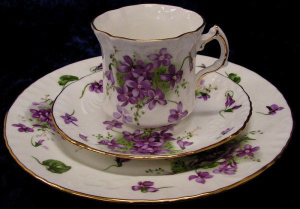 "Victorian Violets" English Hammsersley Bone China: Three Piece Set "Victorian Violets" from England's Countryside by Hammersley. Bone China. Tea Cup, Saucer and Plate set