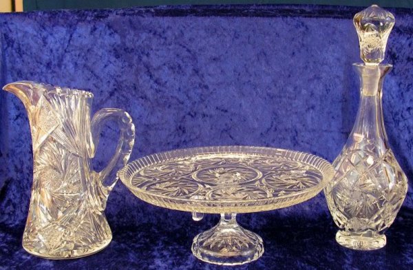 Sparkling Vintage Cut Crystal Glass Three Pieces: Sparkling Cut Crystal Set of Three, includes Cake Platter, Pitcher and Decanter