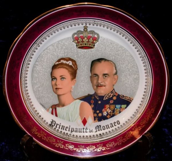 Monte Carlo Monaco Princess Grace Porcelain: The Late Princess Grace and King Albert Commemorative Plate. Principaute de Monaco. Vintage Porcelain Stamped Plate