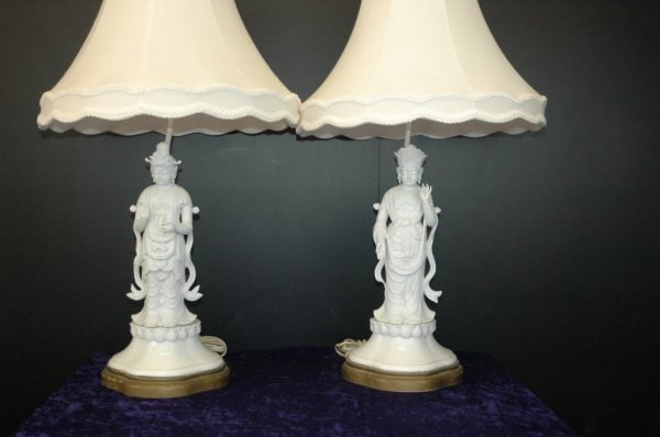 Two Kwan Yin Blanc De Chine Vintage Lamps