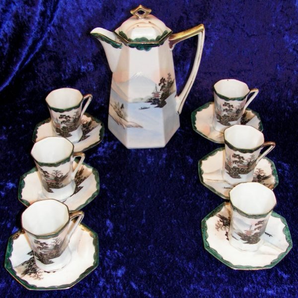 Porcelain Nippon. Nagoya Shofu Japanese China Set: 13 Piece Set Nippon. Nagoya Shofu. Porcelain China Tea Set Handpainted. 1 tea pot, 6 cups, 6 saucer.