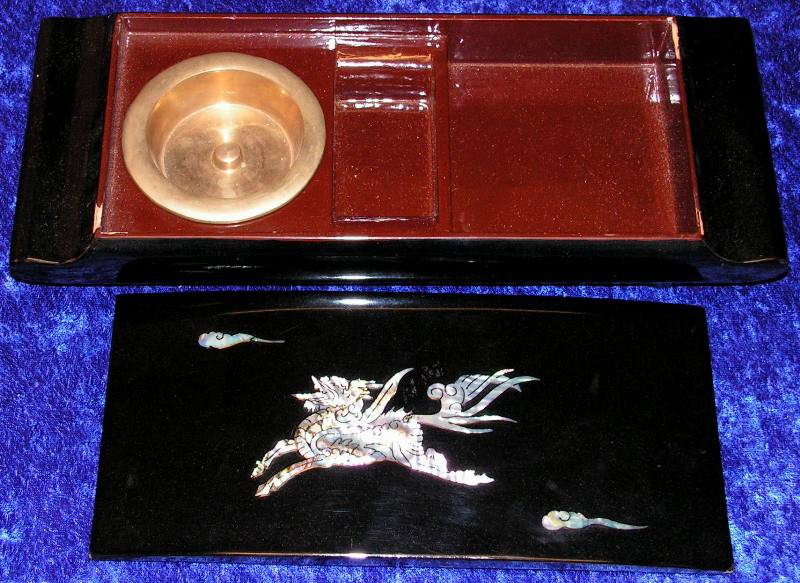 Korean Wooden Lacquer Antique Cigarette Box.: Korean Mother of Pearl Antique Lacquer Wooden Cigarette Box. 2 1/4" x 11 3/4" x 4 3/4".