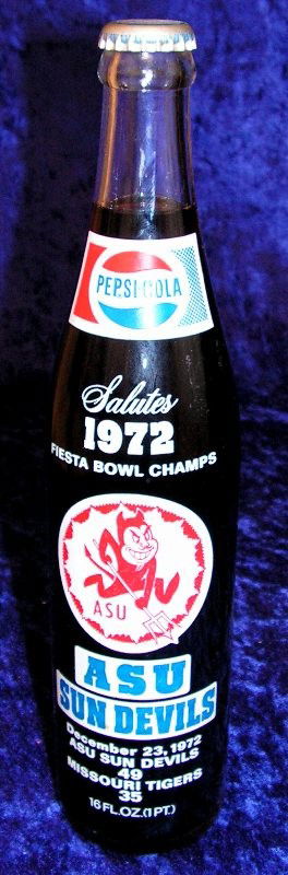 Arizona State Sun Devils Pepsi Bottle. c. 1972.: Pepsi-Cola 1972 ASU Sun Devils Fiesta Bowl Champs Full Glass Bottle! Arizona State defeated Missouri 49-35 on December 23, 1972 in Fiesta Bowl II and this Bottle marks the victory! Mint Condition! Bac