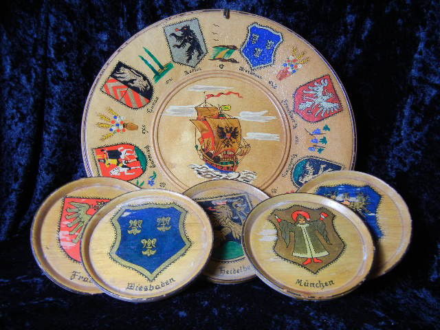 Hand Painted Wooden Plate and Coasters(5) German: One Hand Painted Wooden Plate(large) and 5 Coasters made in Germany