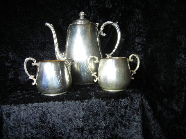 Wm. A Rogers Silver Plate Coffee/Tea Set: Set of three Wm. a Rogers Silver Plate Coffee or Tea Set includes one large pitcher with lid 1 creamer 1 sugar