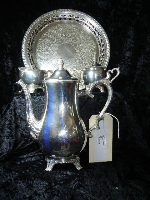 Silver Plate Tea Set, Creamer Sugar, Tray: Set of four Silverplate Teapot/Coffee Pot Creamer and Sugar and Tray Silverplate
