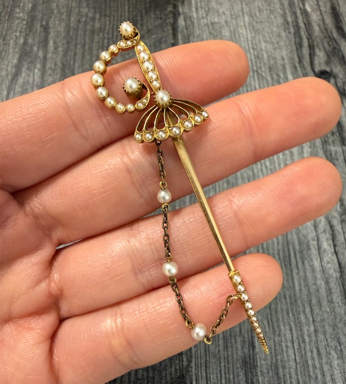 Antique Pearl and 14K Gold Sword Jabot Pin (S) (1 of 1)