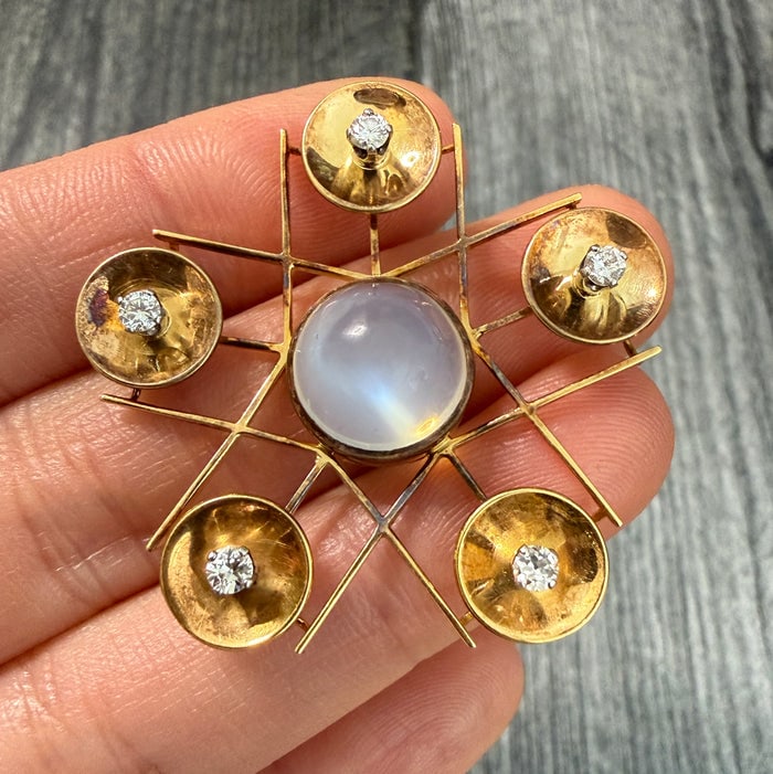 Retro Moonstone and Diamond Star Flower Brooch (1 of 1)