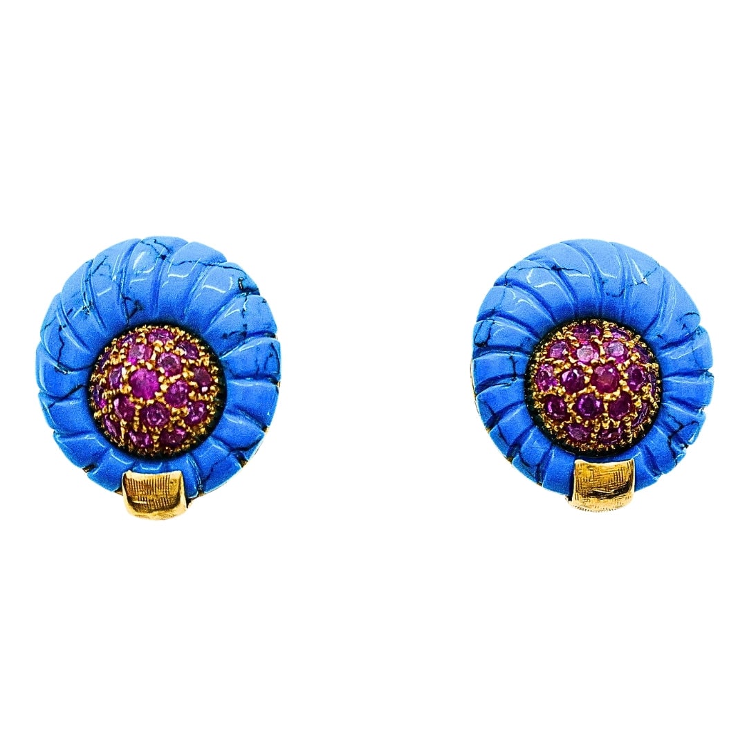 Vintage Carved Turquoise 18K Gold Ruby Stud Earrings: Fine Estate Jewelry