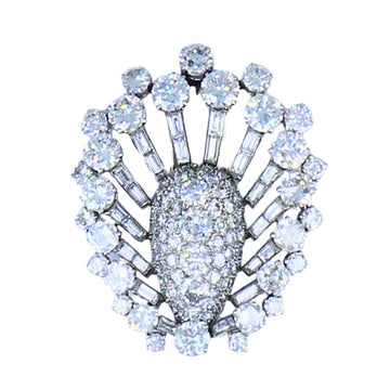 Vintage 1950s Platinum Diamond Peacock Brooch: Old European Baguette Cut
