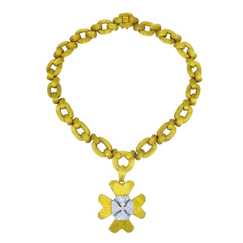 David Webb Necklace Sautoir Chain: Oval Links 18k Gold Platinum Diamond Brooch