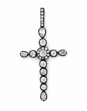 18K Yellow Gold & Silver Top Diamond Cross Pendant: A vintage-inspired cross pendant using a traditional silver-on-gold technique (silver top, 18K gold back) to emphasize the diamond's whiteness.